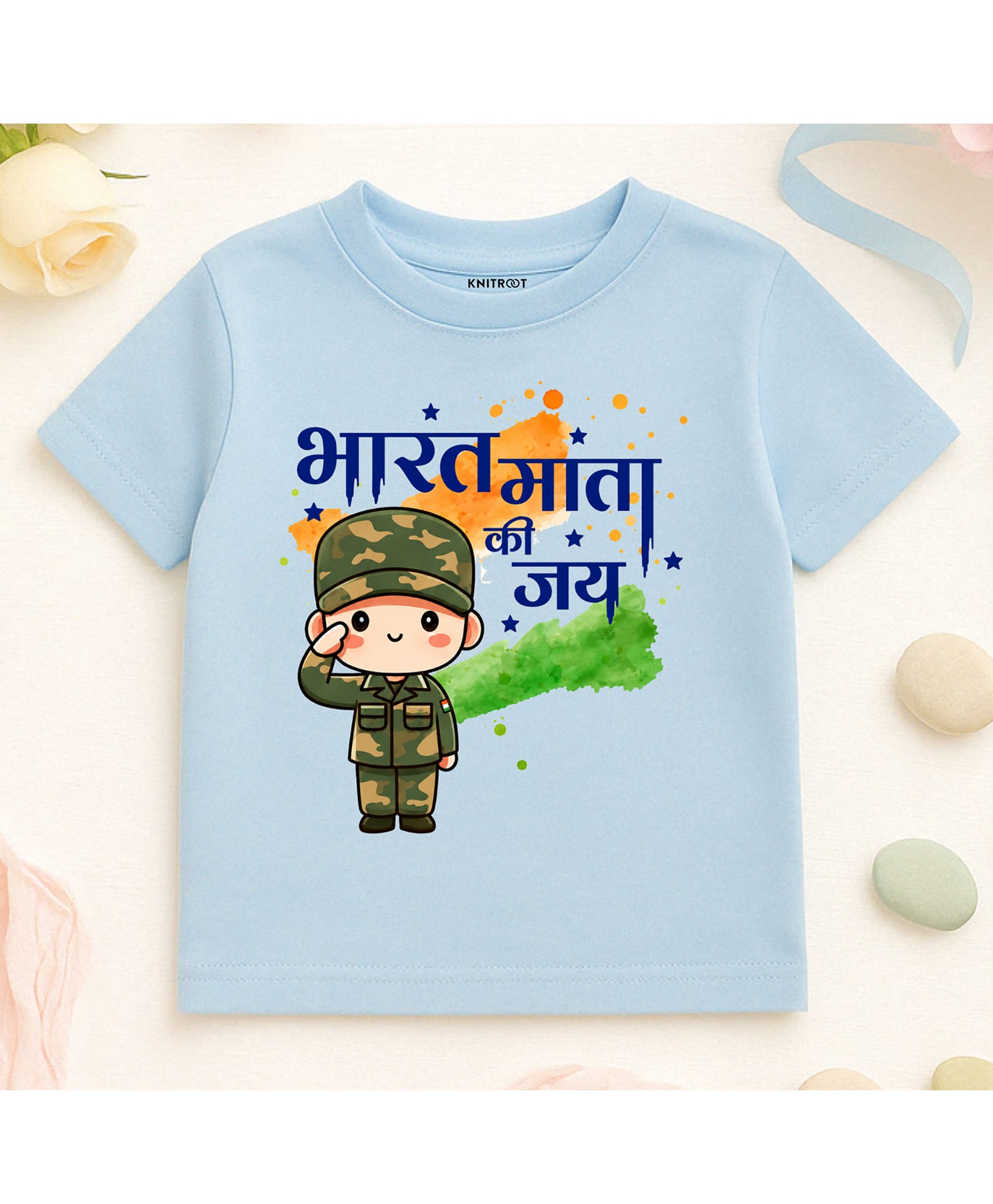 KNITROOT Cotton Knit Independence Day Theme Half Sleeves Bharat Mata Ki Jai Text Printed Tee - Blue-picture-27