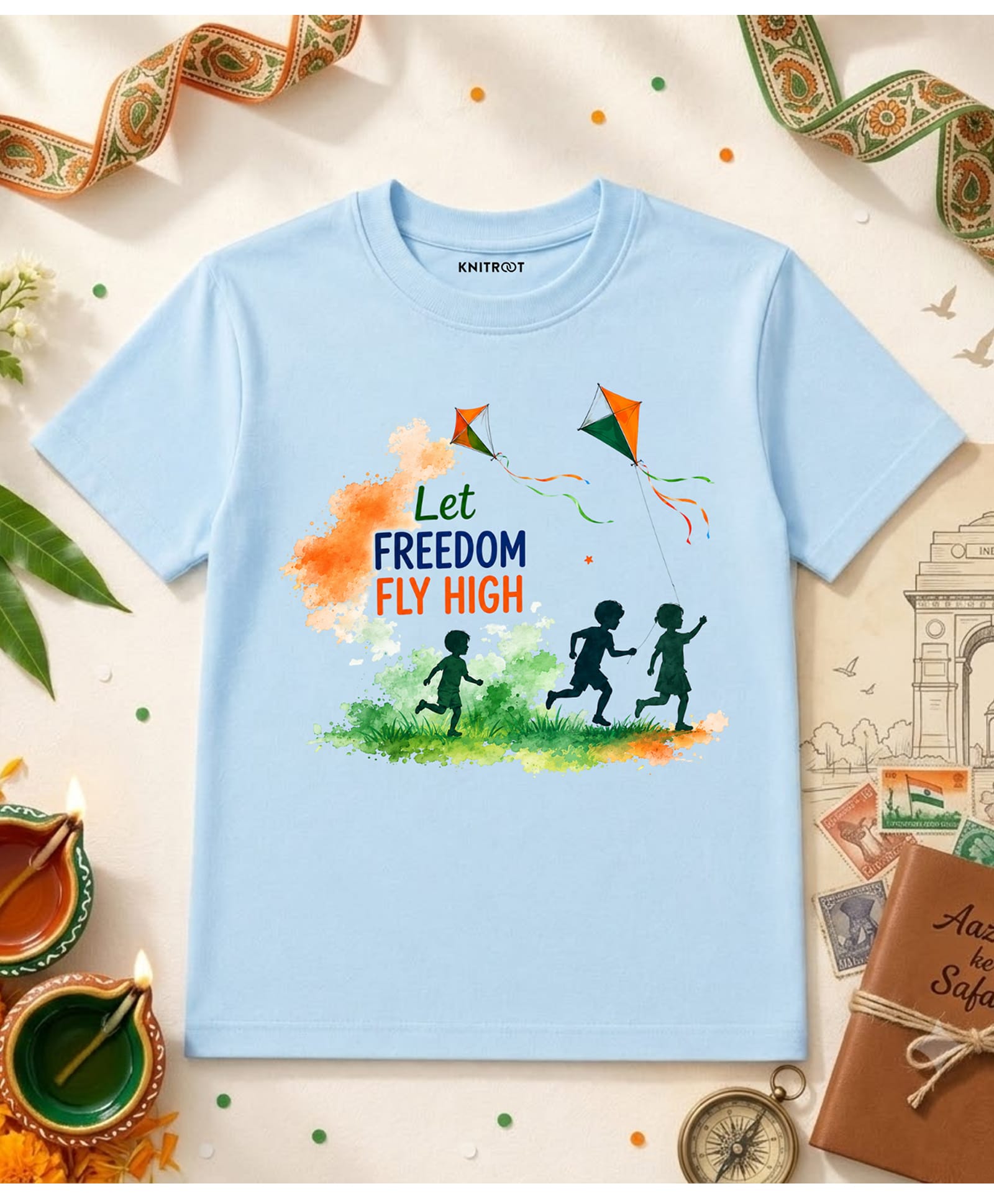KNITROOT Cotton Knit Independence Day Theme Half Sleeves Let Freedom Fly High Text Printed Tee - Blue-picture-14