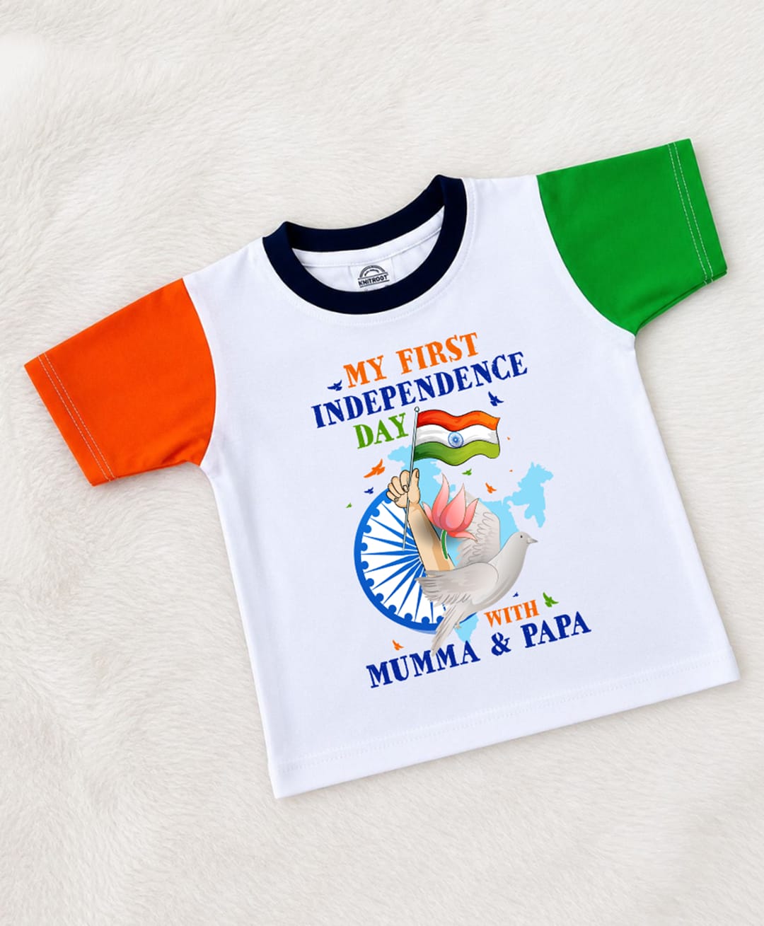 KNITROOT Cotton Knit Independence Day Theme Half Sleeves My First Independence Day With Mumma & Papa Text Printed Tee - White-image-27