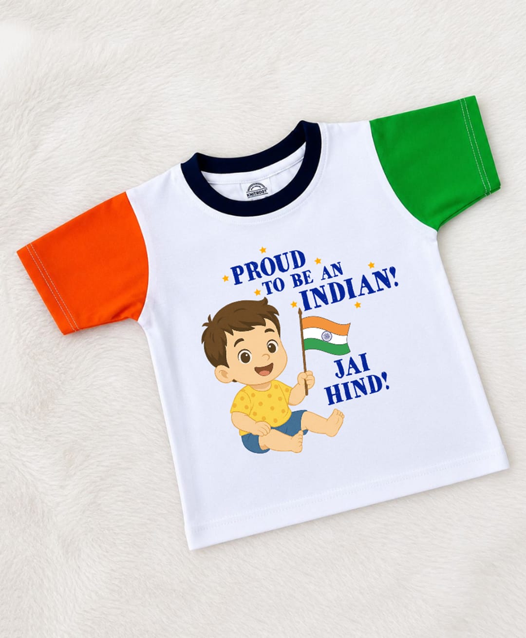 KNITROOT Cotton Knit Independence Day Theme Half Sleeves Proud To Be An Indian Jai Hind Text Printed Tee - White-picture-23