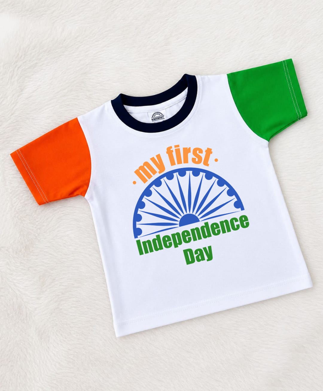 KNITROOT Cotton Knit Independence Day Theme Half Sleeves My First Independence Text Printed Tee - White-picture-18
