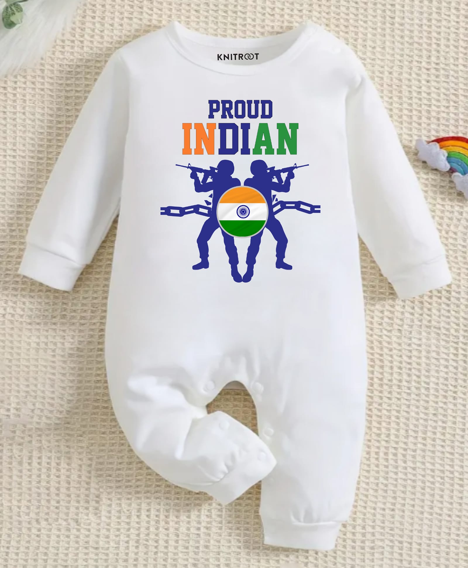 KNITROOT Cotton Knit Independence Day Theme Full Sleeves Proud Indian Text Printed Romper - White-picture-16
