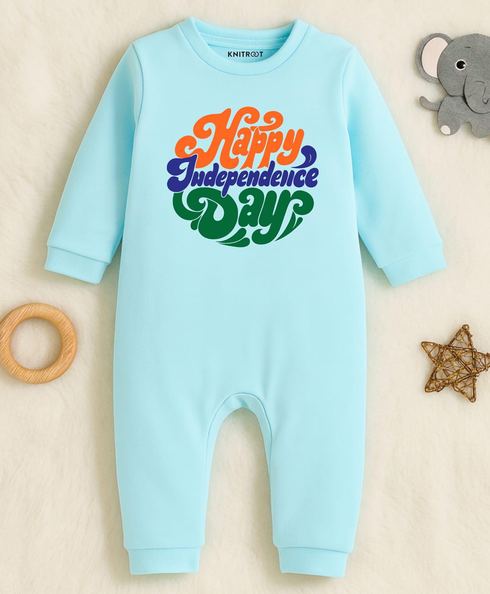 KNITROOT Cotton Knit Independence Day Theme Full Sleeves Happy Independence Day Text Printed Romper - Blue-picture-10