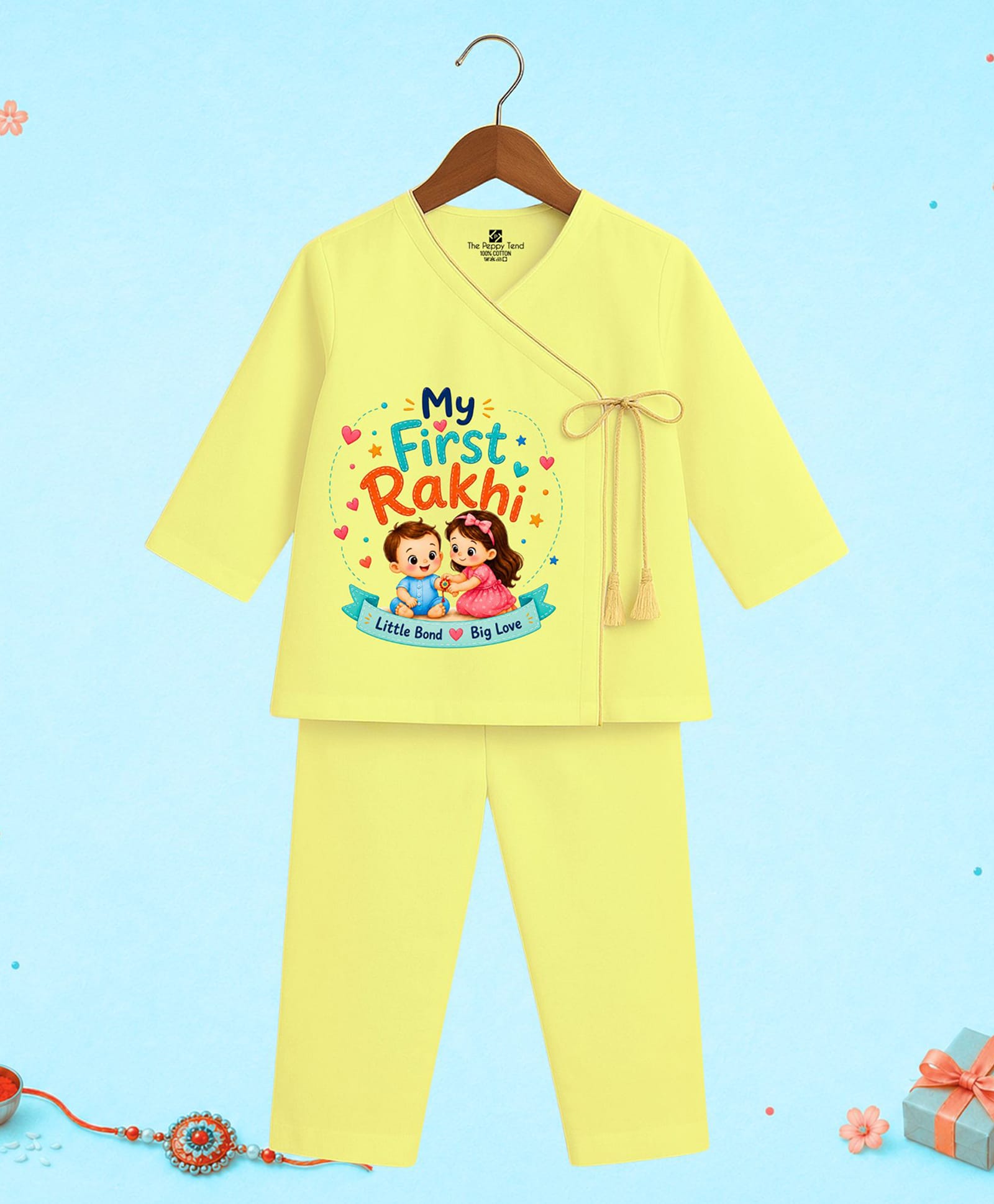 The Peppy Tend 100% Cotton Woven Raksha Bandhan Theme Full Sleeves My First Rakhi Text Printed Angarkha Style Kurta & Pyjama Set - Yellow-image-14
