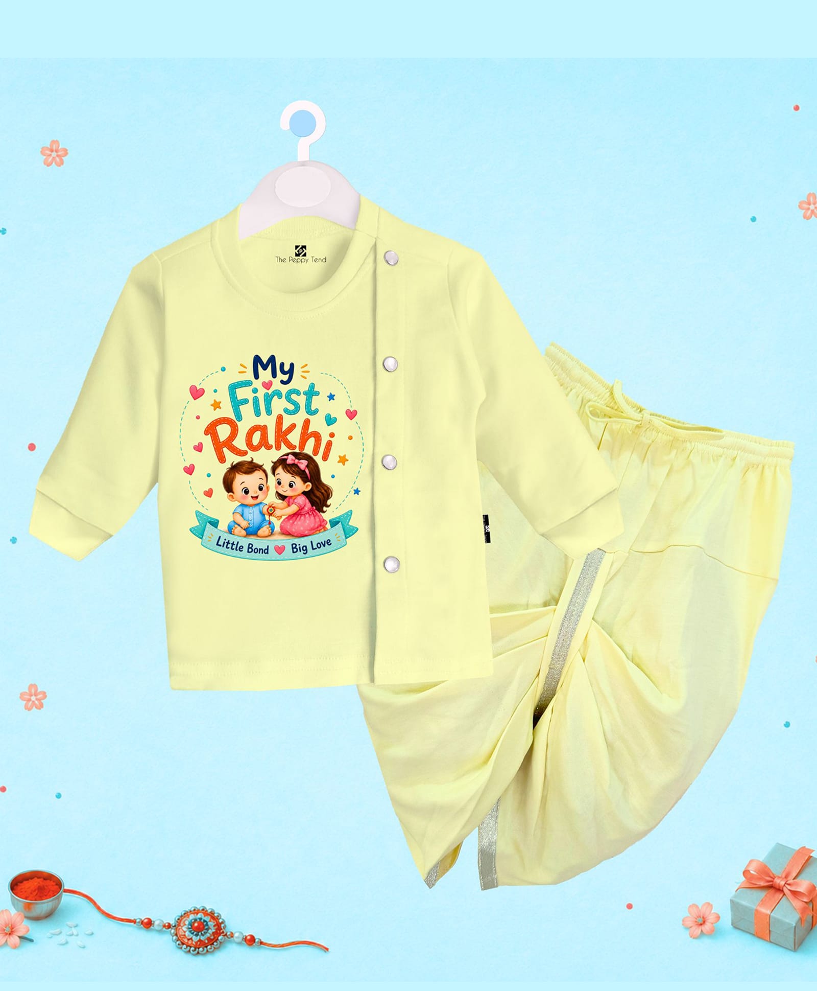 The Peppy Tend 100% Cotton Woven Raksha Bandhan Theme Full Sleeves My First Rakhi Text Printed Kurta & Dhoti Set - Yellow-picture-24