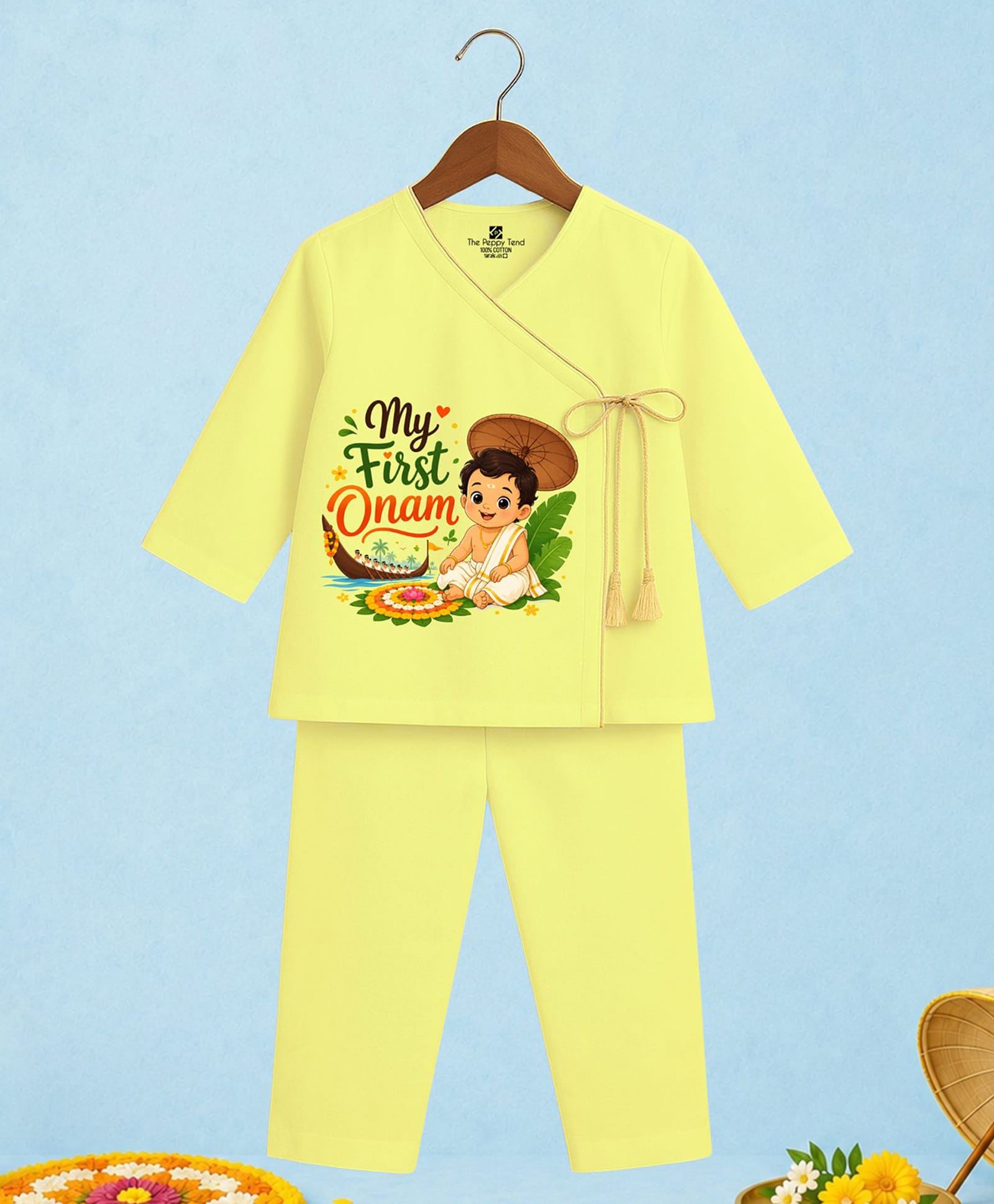 The Peppy Tend 100% Cotton Knit Onam Theme Full Sleeves My First Onam Text Printed Kurta & Pyjama Set - Yellow-image-34