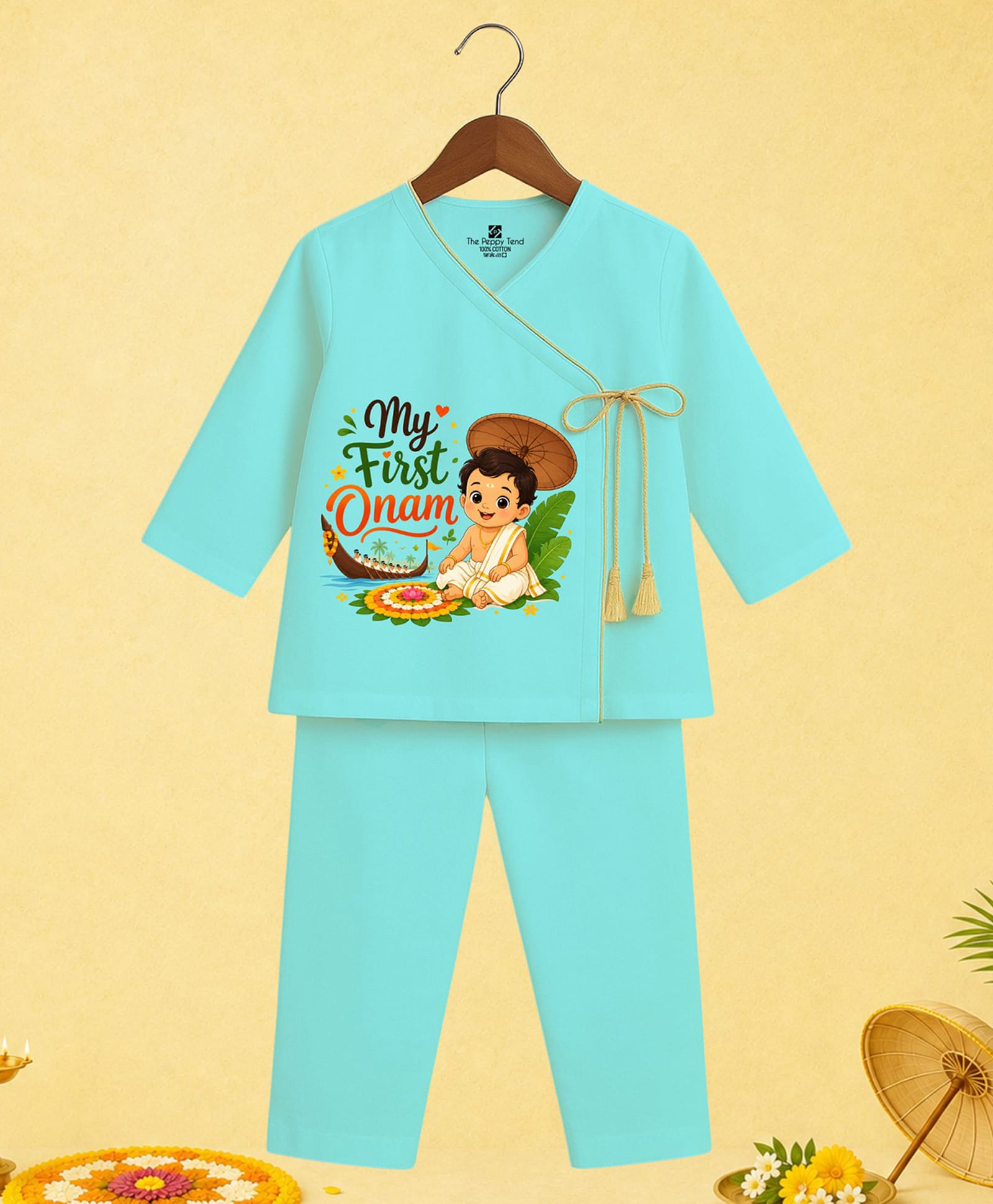 The Peppy Tend 100% Cotton Knit Onam Theme Full Sleeves My First Onam Text Printed Kurta & Pyjama Set - Sea Green-picture-26