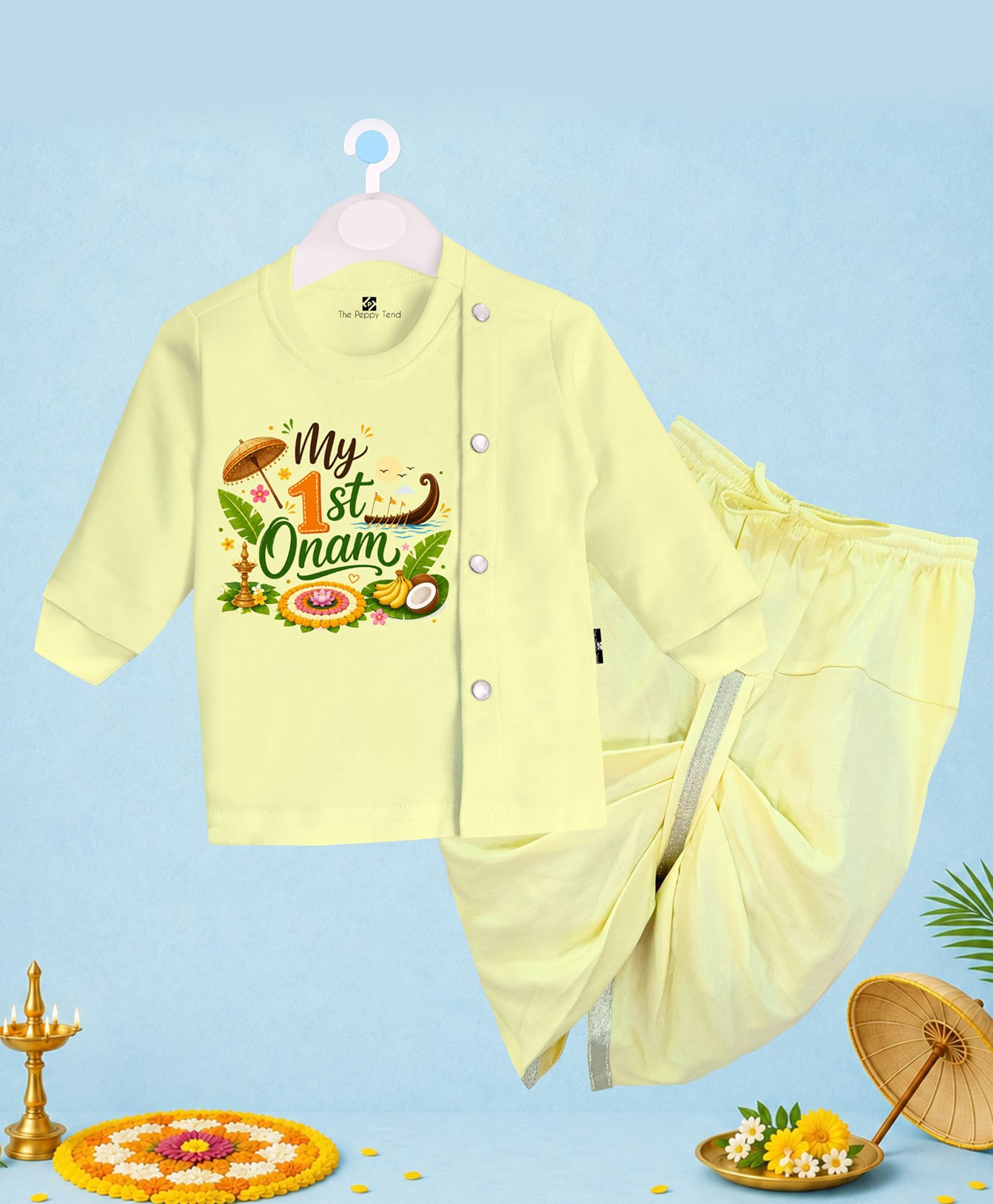 The Peppy Tend 100% Cotton Knit Onam Theme Full Sleeves My First Onam Text Printed Kurta & Dhoti Set - Yellow-picture-13