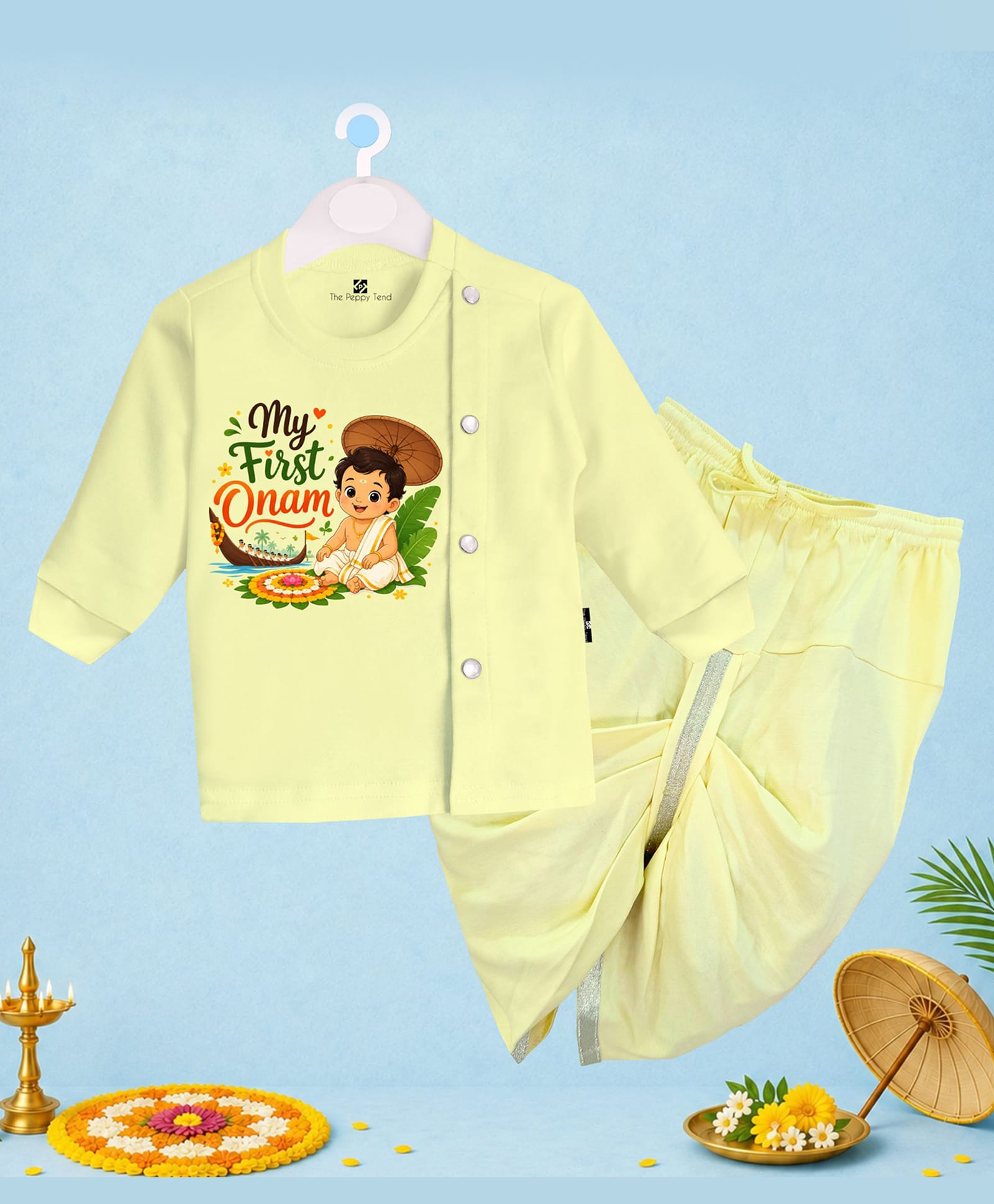The Peppy Tend 100% Cotton Knit Onam Theme Full Sleeves My First Onam Text Printed Kurta & Dhoti Set - Yellow-picture-23