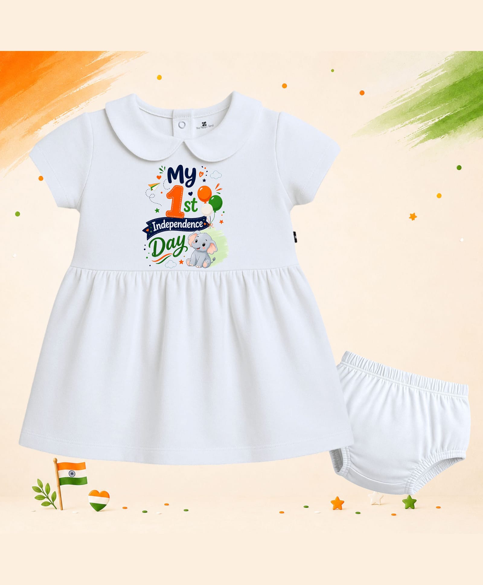 The Peppy Tend 100% Cotton Knit Independence Day Theme Full Sleeves My 1st Independence Day Text Printed Dress With Bloomer Set - White-image-29