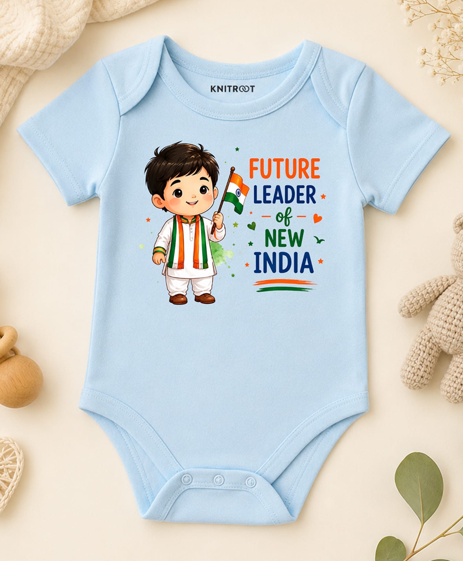 KNITROOT Cotton Knit Independence Day Theme Half Sleeves Future Leader Of New India Text Printed Onesie - Blue-image-9