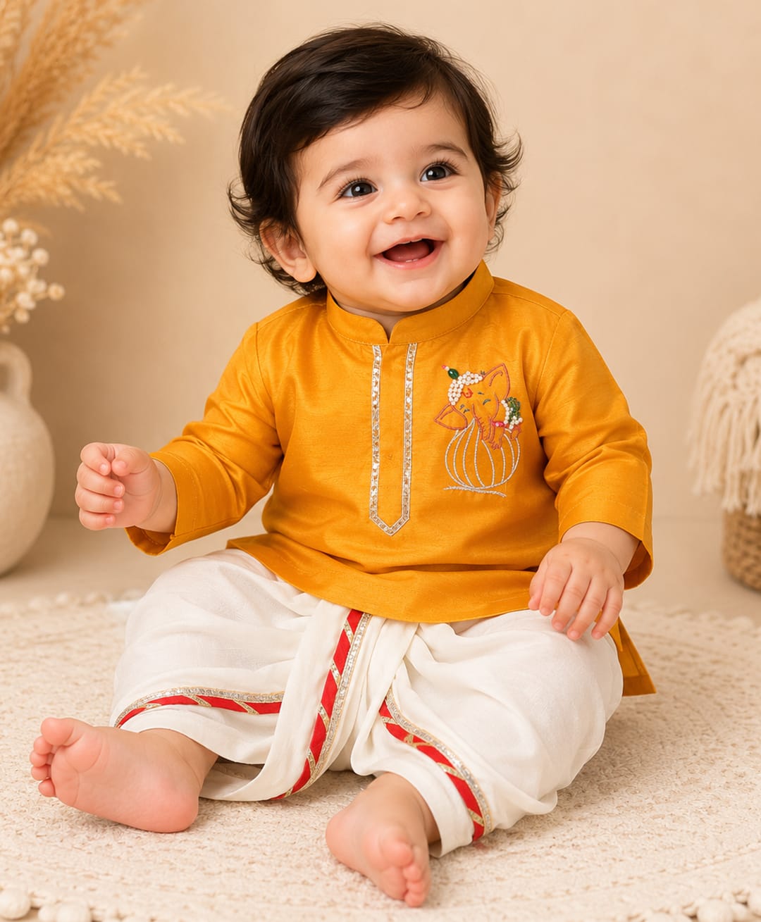 BYB Premium Cotton Silk Woven Full Sleeves Lord Ganesh Embroidered Dhoti & Kurta Set - Yellow-picture-17