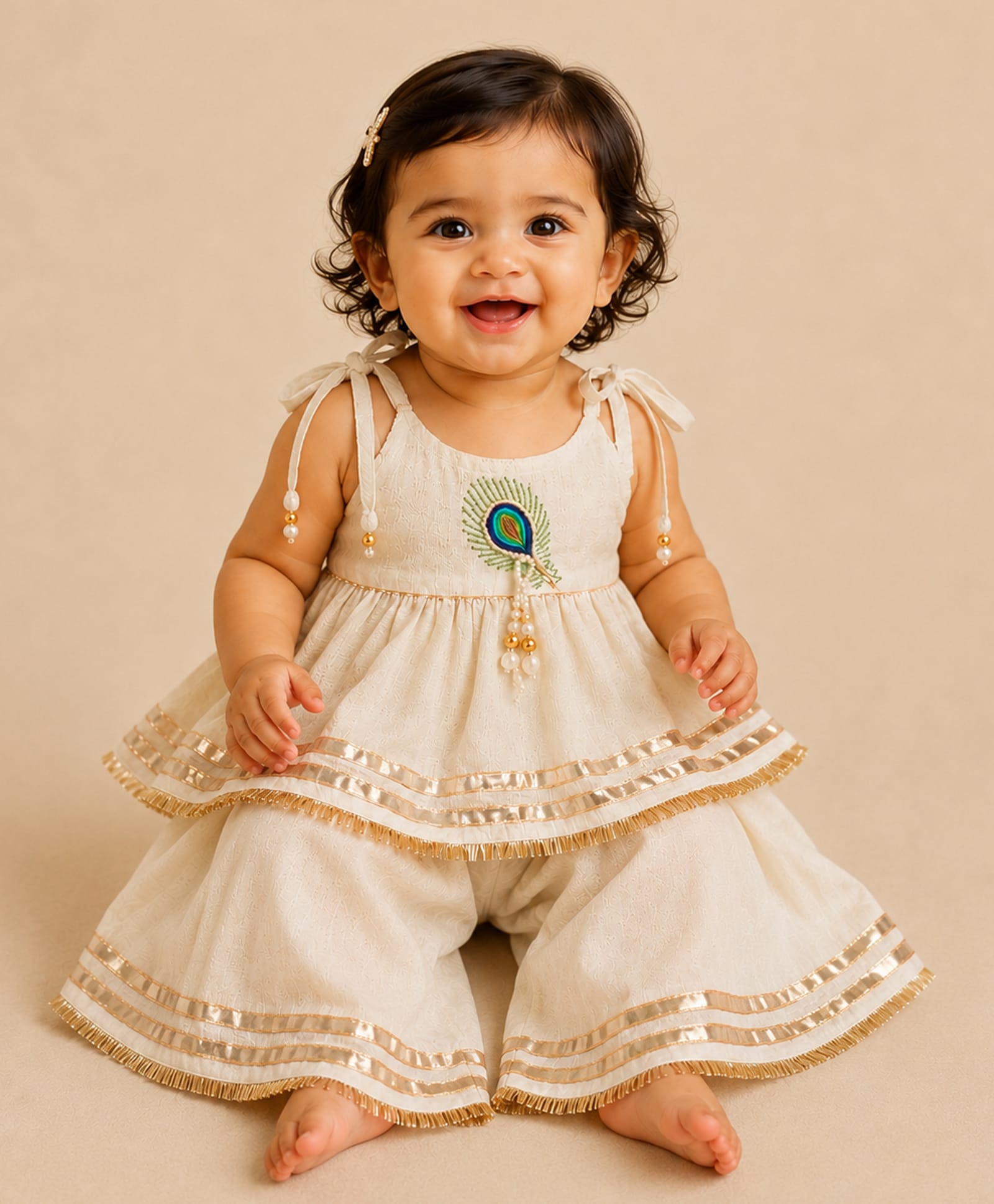 BYB Premium Cotton Woven Sleeveless Lace & Pearls Embellished Morpankh Embroidered Kurti & Palazzo Set - Col Ivory-image-3