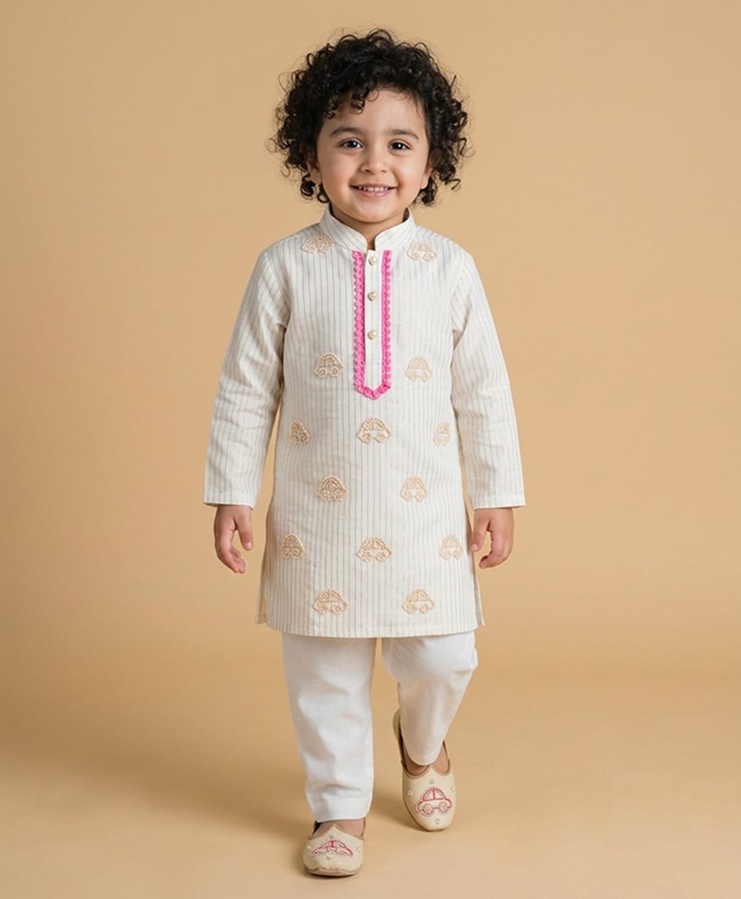 BYB Premium Pure Cotton Woven Full Sleeves Car Embroidered Kurta & Pyjama Set - Ivory-image-40