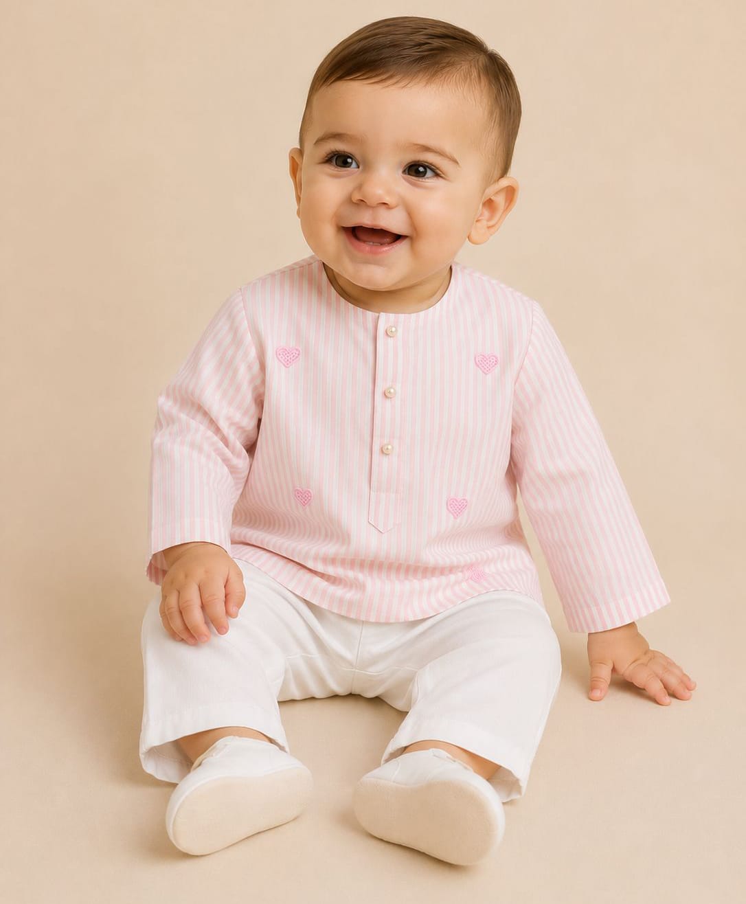 BYB Premium Cotton Woven Full Sleeves Hearts Embroidered Striped Kurta & Pyjama Set - Col Baby Pink-image-48