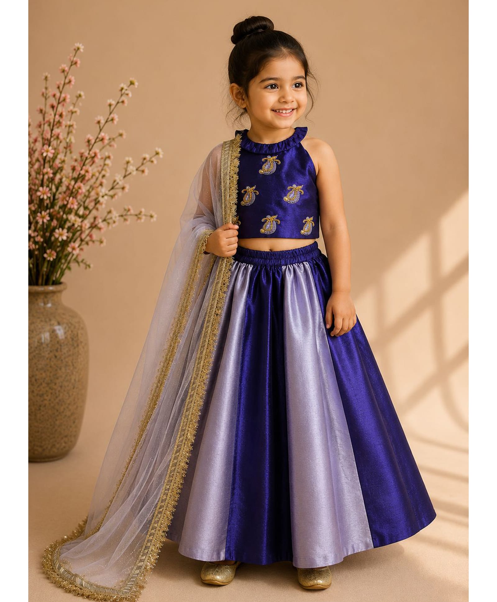 BYB Premium Dupian Silk Woven Sleeveless Floral Patch Detailed Lehenga & Choli With Dupatta Set - Purple & Navy Blue-image-24