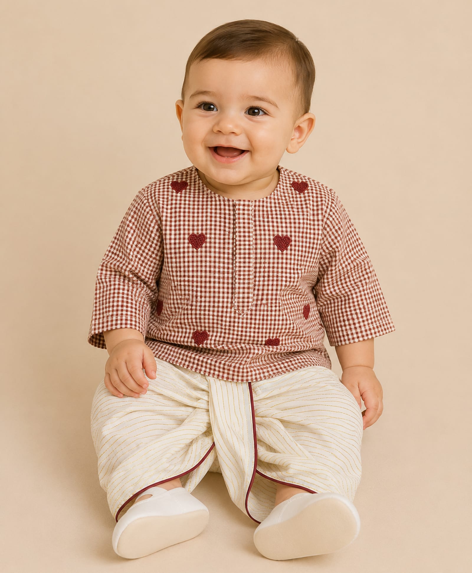 BYB Premium Cotton Woven Full Sleeves Gingham Checked & Heart Embroidered Dhoti Kurta Set - Maroon-picture-15