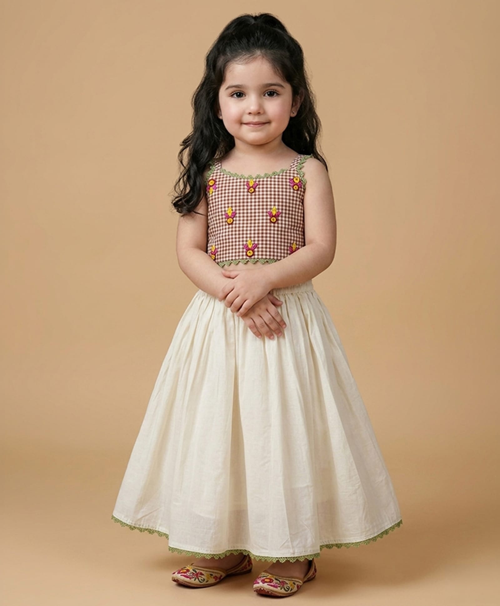 BYB Premium Cotton Woven Sleeveless Lace Embellished Gingham Checked & Floral Embroidered Top & Lehenga Set - Maroon-image-35