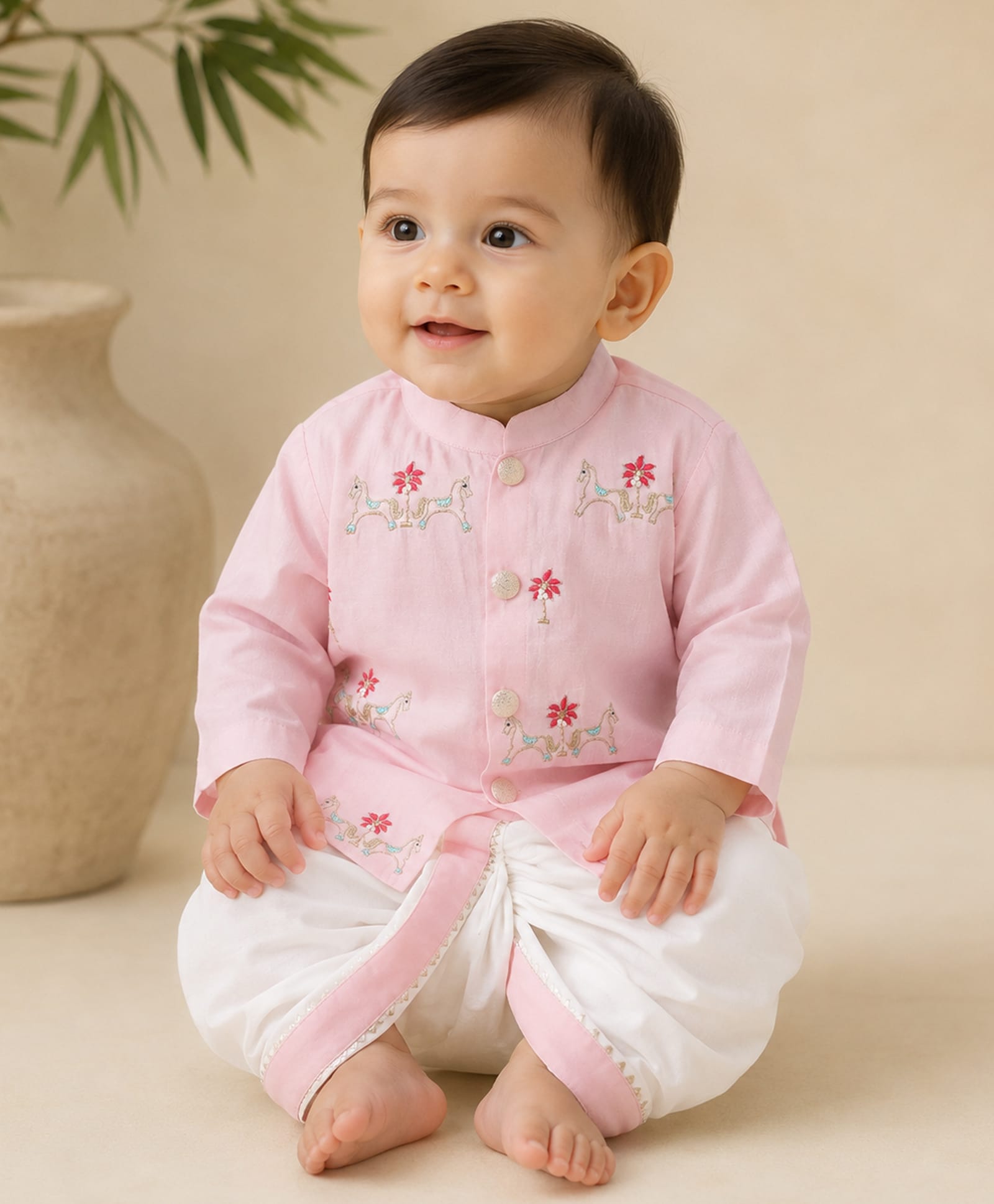 BYB Premium Cotton Woven Full Sleeves Horses & Floral Embroidered Dhoti Kurta Set - Baby Pink-image-45