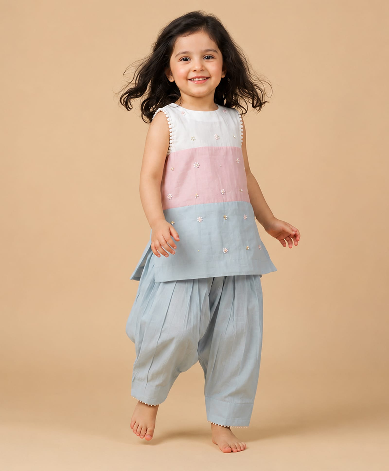 BYB Premium Chanderi Woven Sleeveless Pearl Detailed Floral Designed Kurti & Salwar Set - Col Baby Pink-image-27