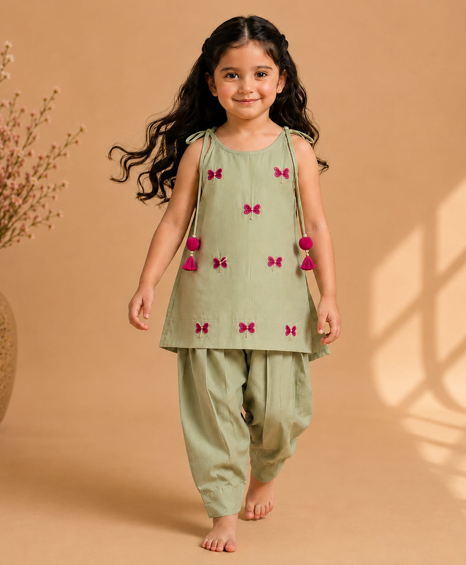BYB Premium Chanderi Woven Sleeveless Pearl Embellished Bow Embroidered Kurti & Slawar Set - Green-picture-17