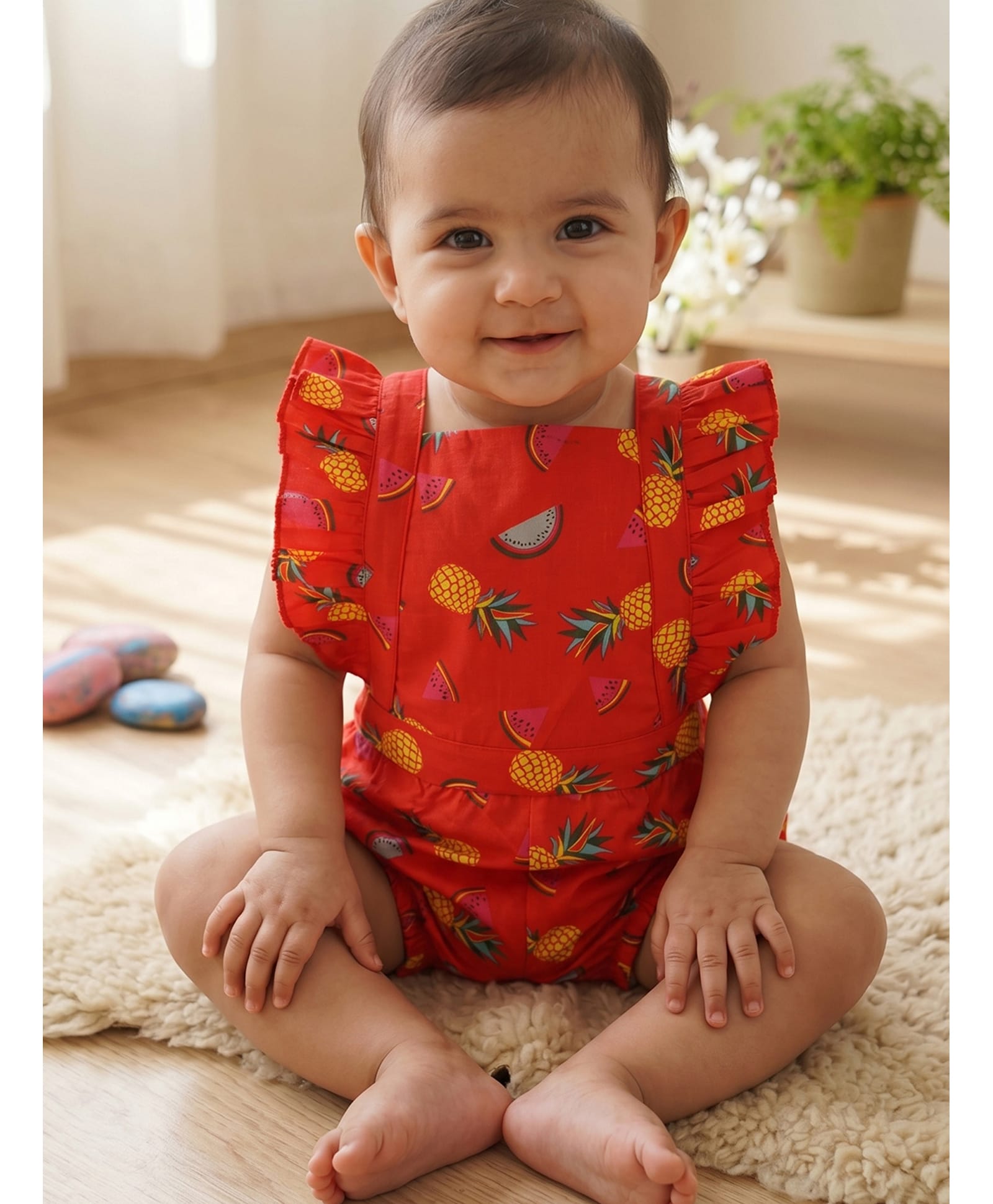 Qvink Cotton Woven Sleeveless Frill Detailed & Pineapple Printed Romper - Red-picture-14
