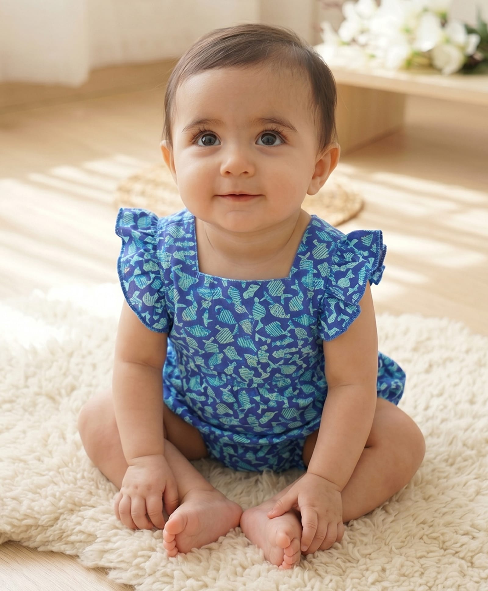 Qvink Cotton Woven Sleeveless Frill Detailed Sea Life Theme Printed Romper - Blue-picture-0
