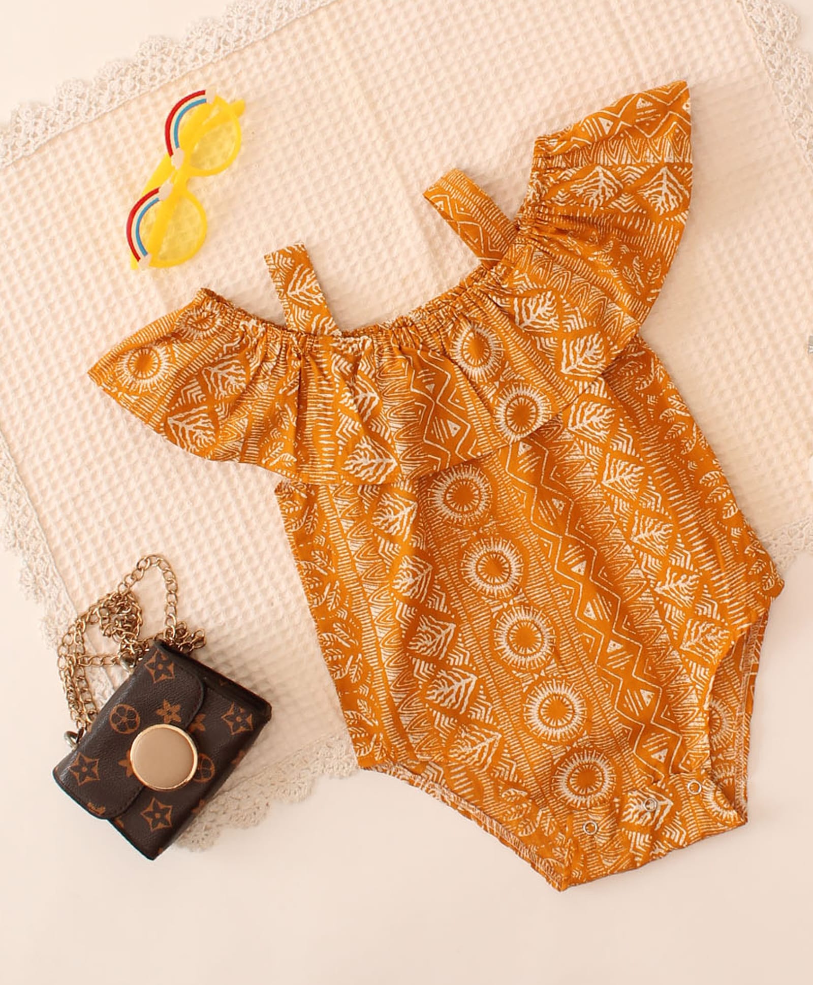 Qvink Cotton Woven Sleeveless Frill Detailed & Geometric Printed Onesie - Yellow-picture-49