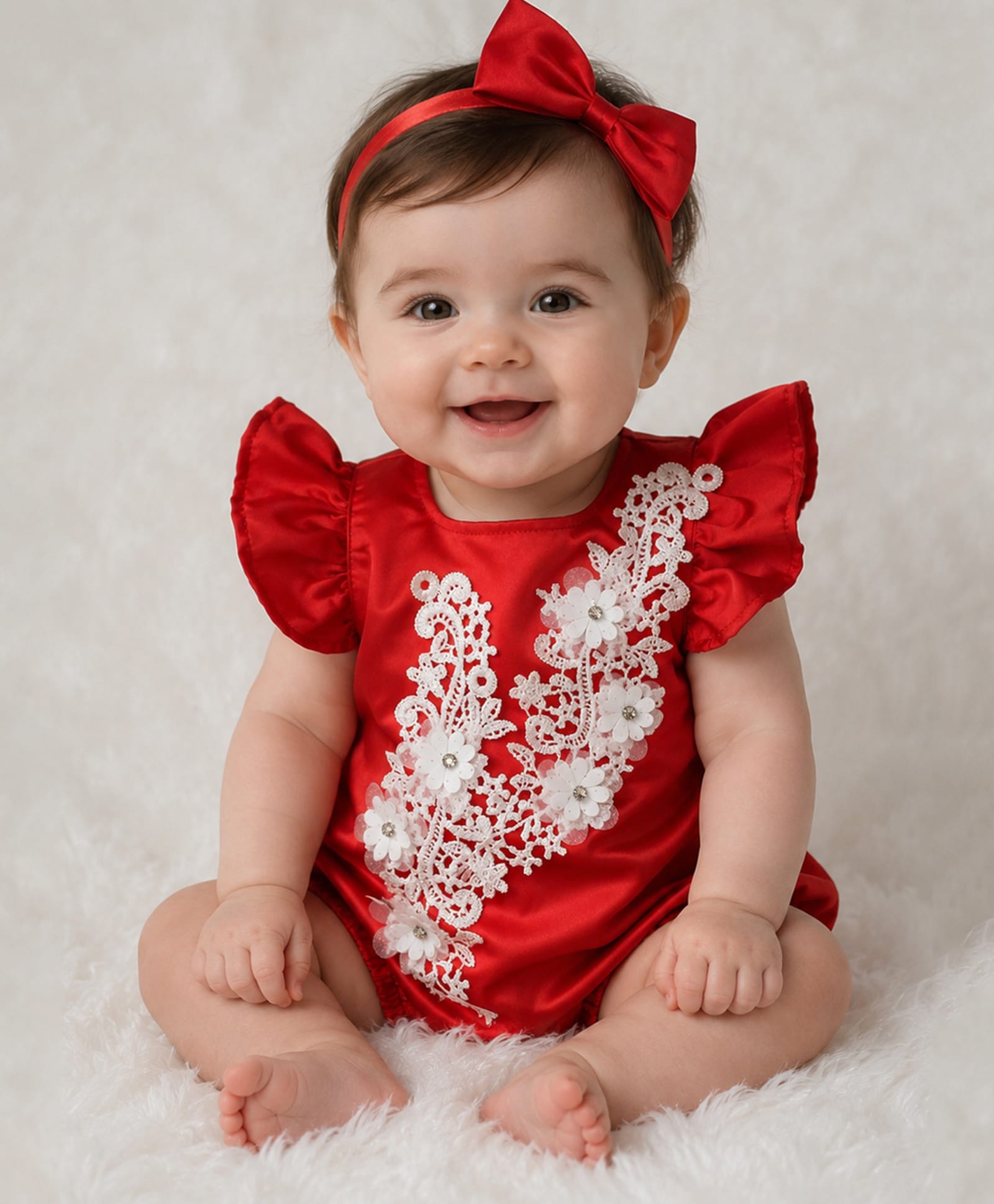 Qvink Satin Woven Sleeveless Floral Design Lace Embellished Onesie - Red-picture-4