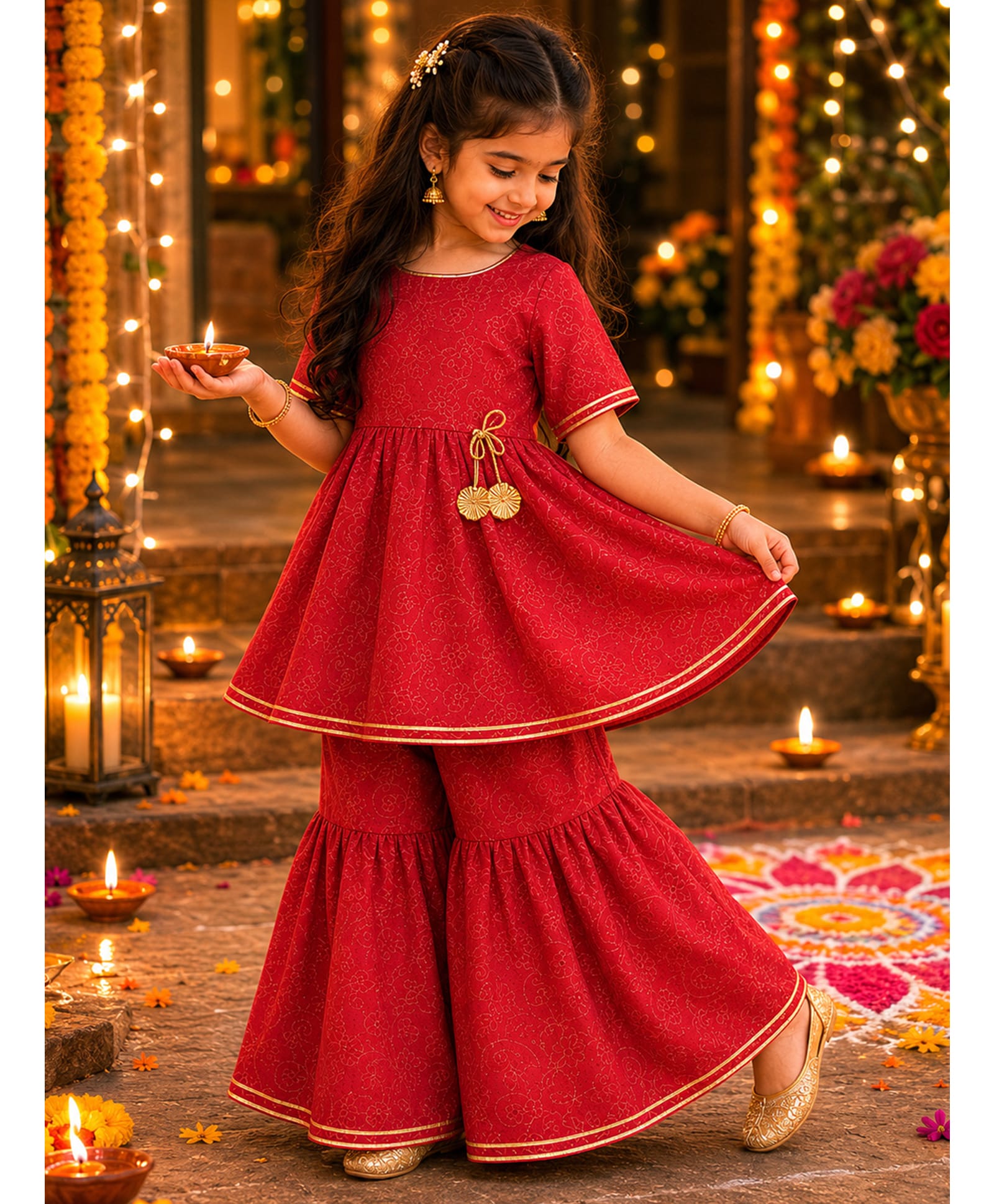 Qvink Cotton Woven Half Sleeves Floral Printed Kurti & Sharara Set - Red-picture-18