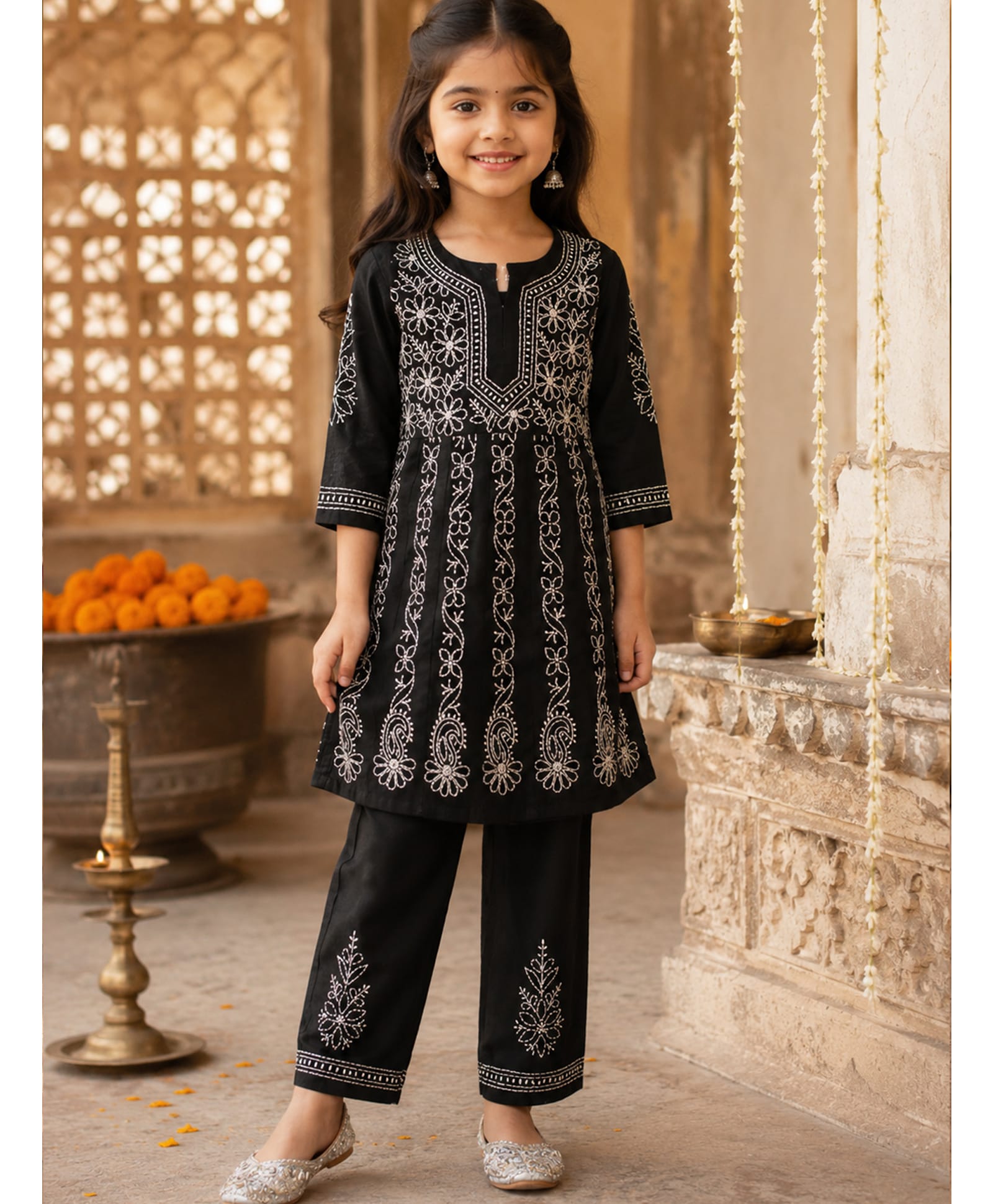 Qvink Cotton Woven Full Sleeves Chikankari Embroidered Kurti & Pant - Black-picture-29