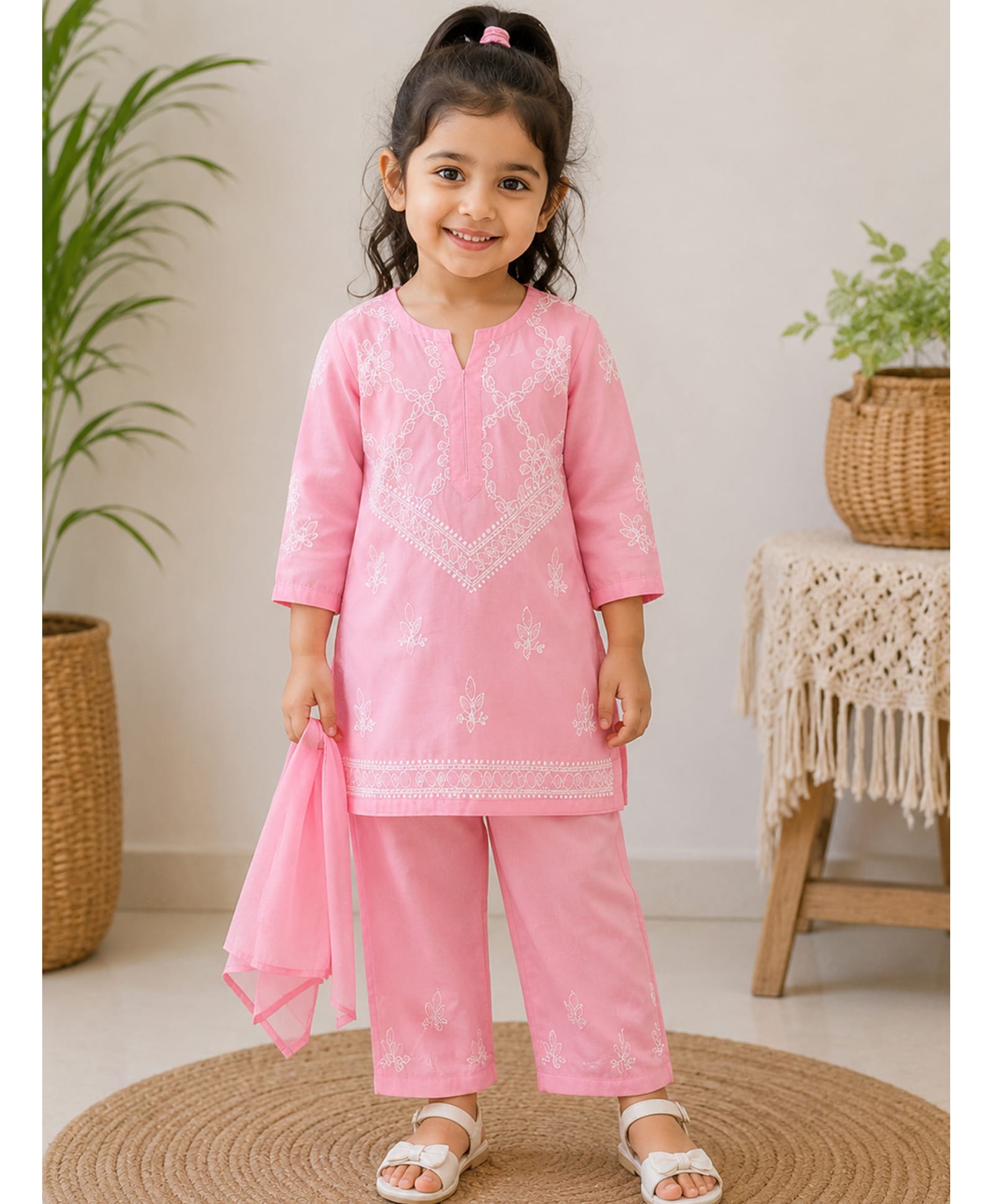 Qvink Cotton Woven Full Sleeves Chikankari Embroidered Kurti & Pant With Dupatta - Pink-picture-16