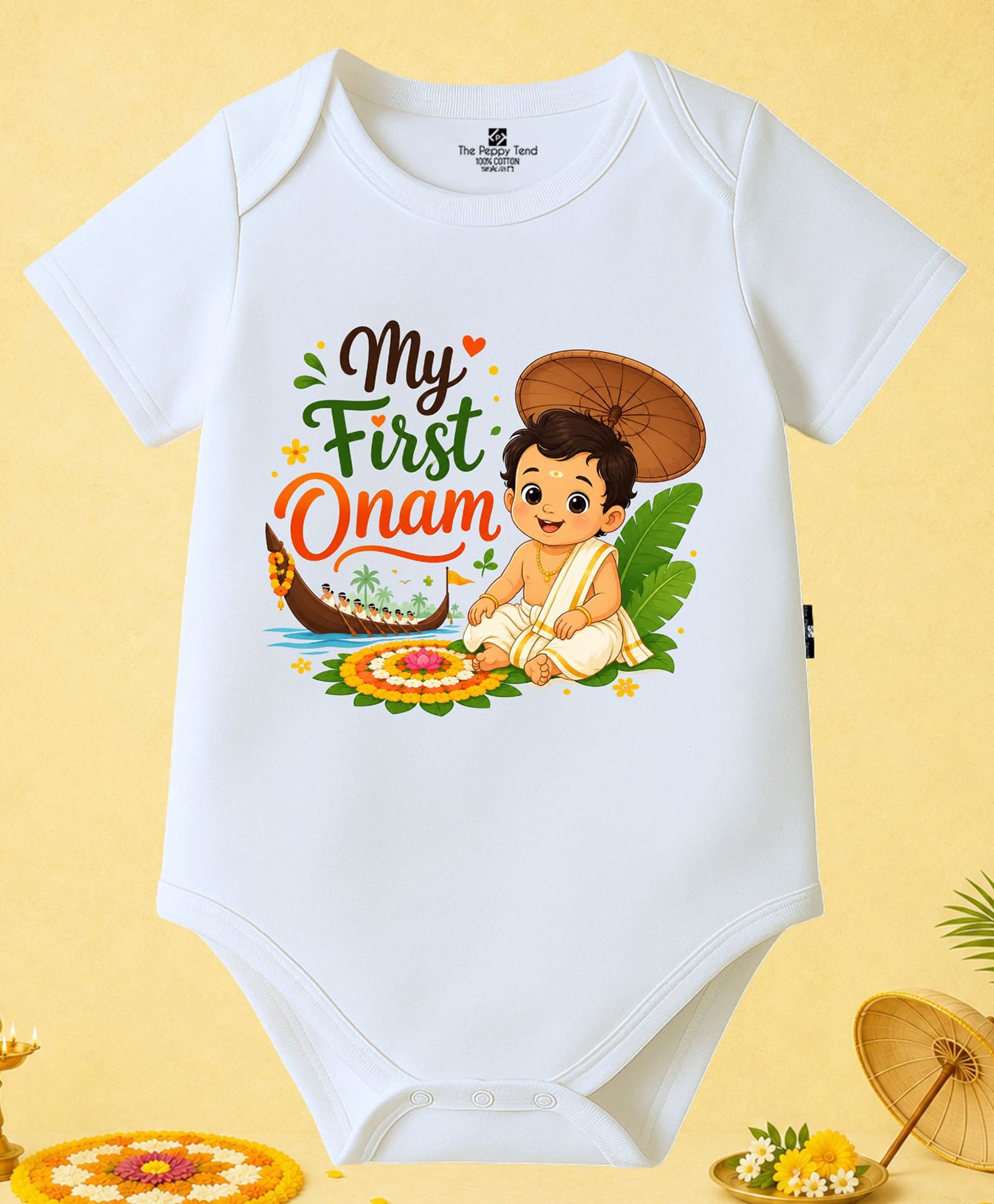 The Peppy Tend 100% Cotton Knit Onam Theme Half Sleeves My First Onam Text Printed Onesie - White-image-32