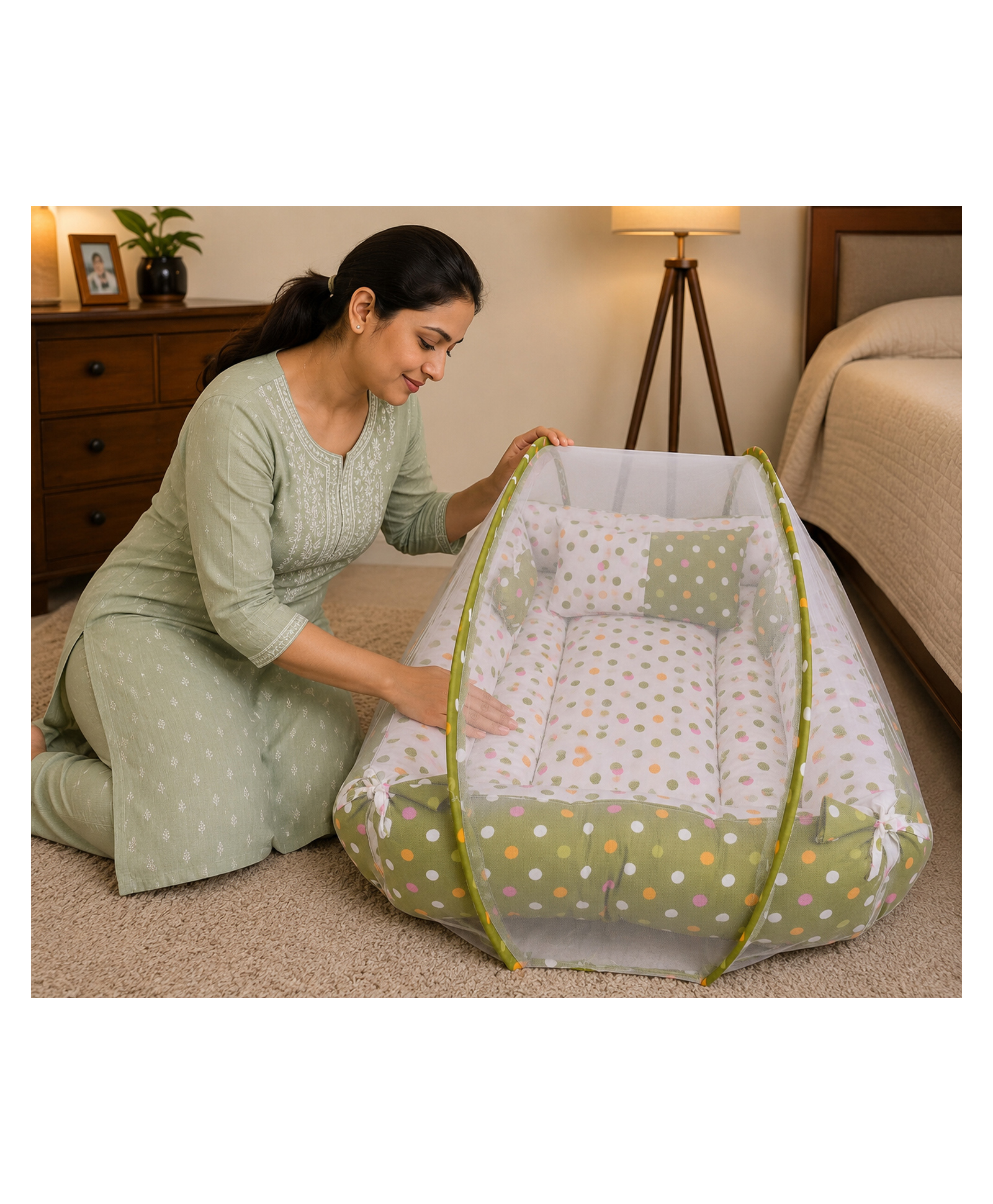 Babytoons Baby Mosquito Net Bed for Sleeping Newborn Soft and Comfortable Bed 0-12 Months - Green-picture-9