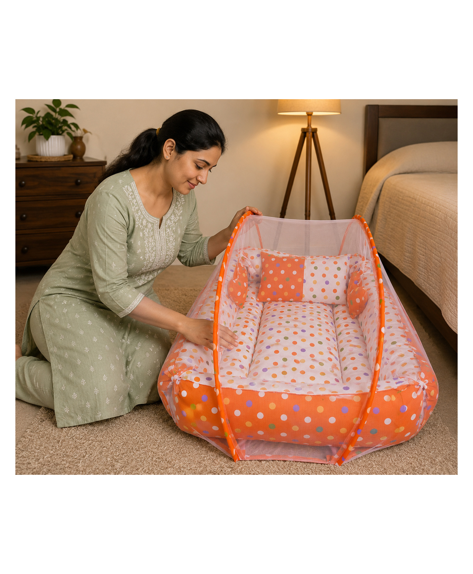 Babytoons Baby Mosquito Net Bed for Sleeping Newborn Soft and Comfortable Bed 0-12 Months - Orange-picture-11