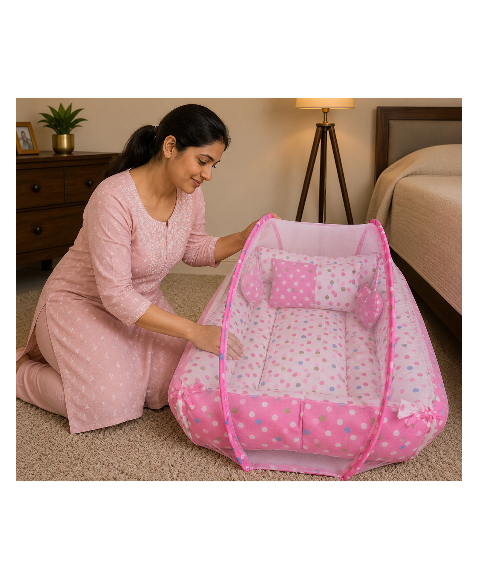 Babytoons Baby Mosquito Net Bed for Sleeping Newborn Soft and Comfortable Bed 0-12 Months - Pink-picture-7