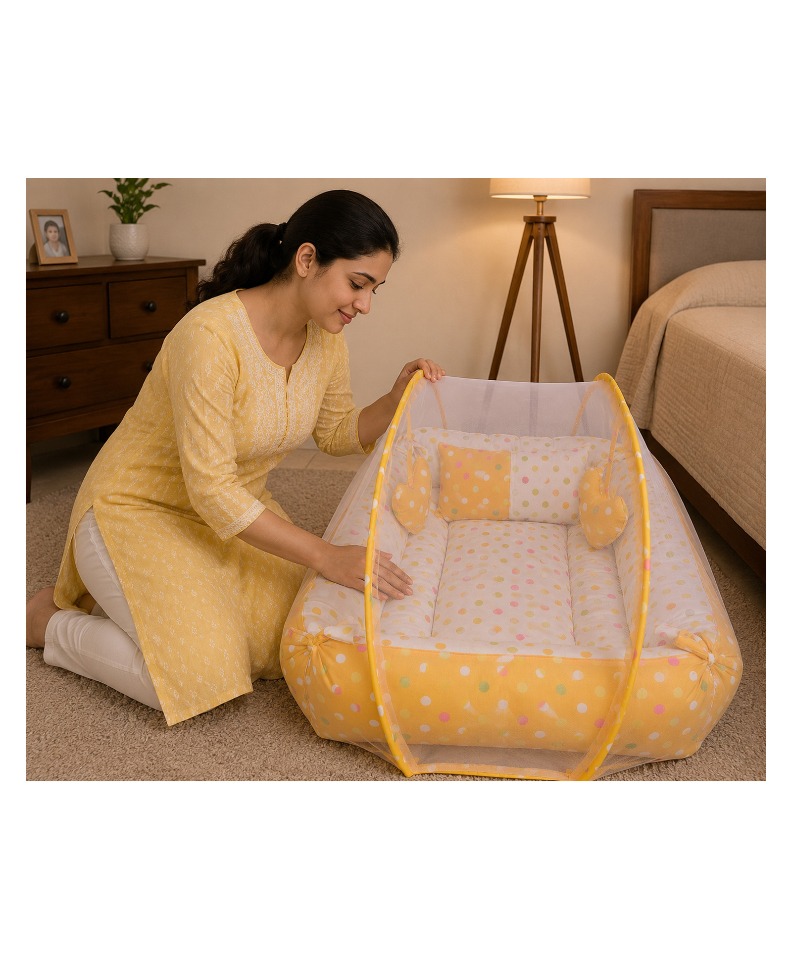 Babytoons Baby Mosquito Net Bed for Sleeping Newborn Soft and Comfortable Bed 0-12 Months - Yellow-picture-4