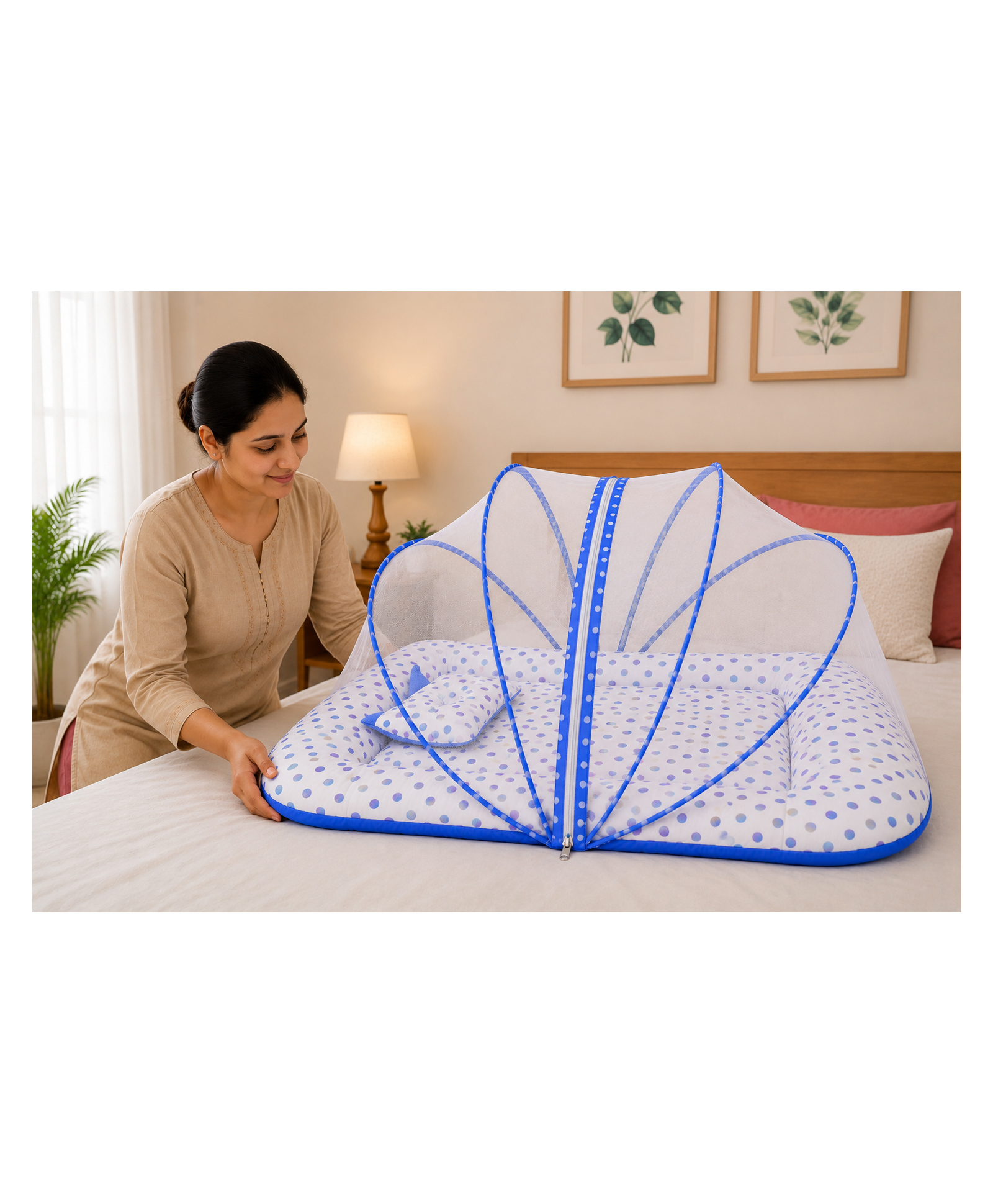 Babytoons Baby Cotton Mattress With Mosquito Net Bed 0-6 Months - Blue-picture-10