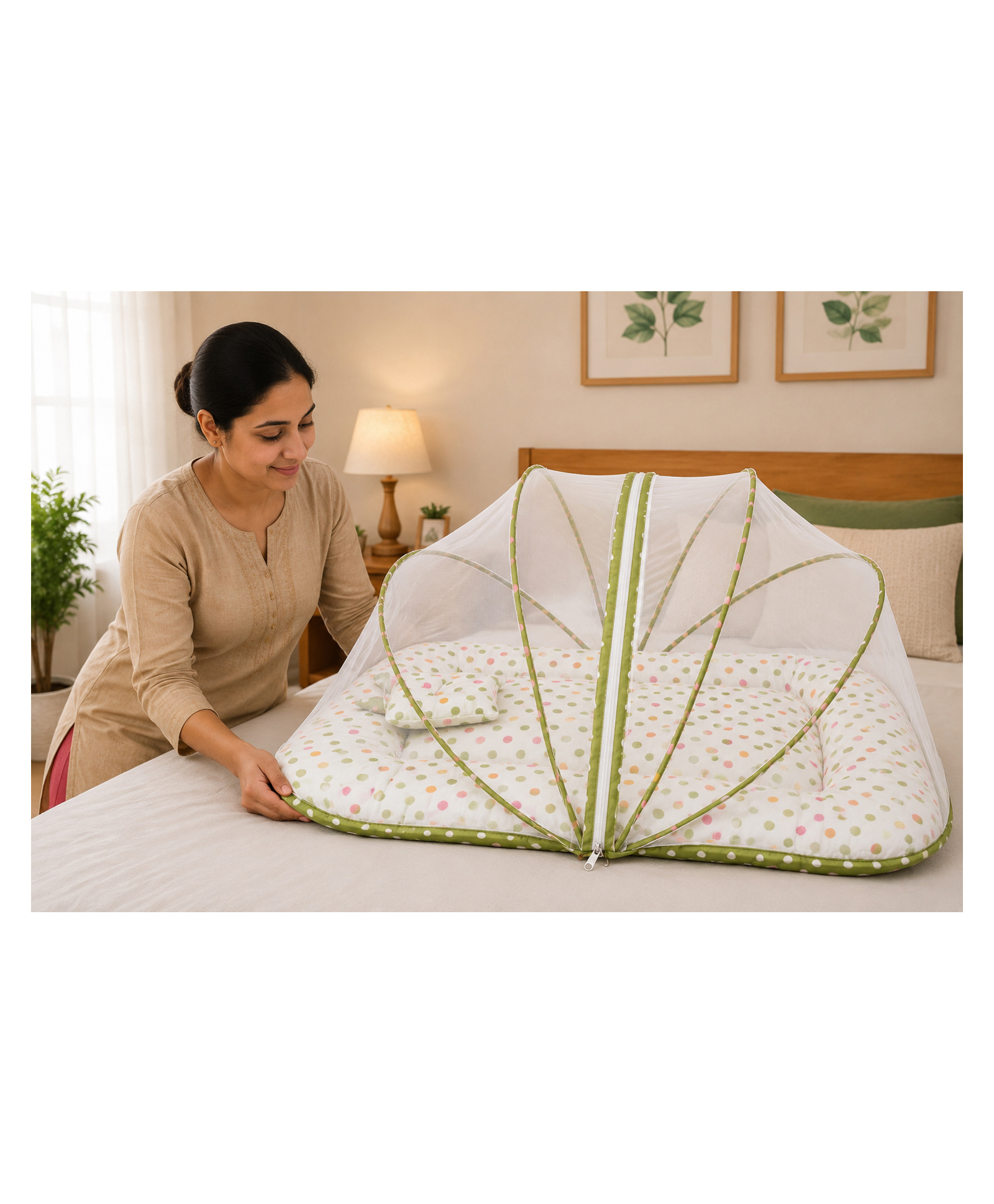 Babytoons Baby Cotton Mattress With Mosquito Net Bed 0-6 Months - Green-picture-18