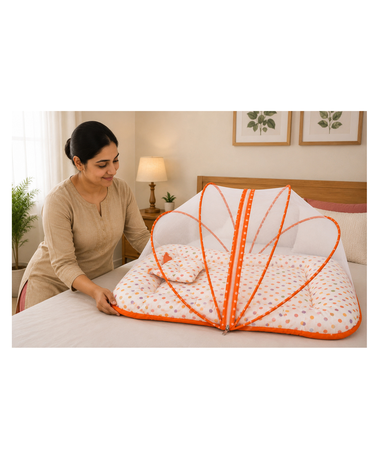 Babytoons Baby Cotton Mattress With Mosquito Net Bed 0-6 Months - Orange-picture-16
