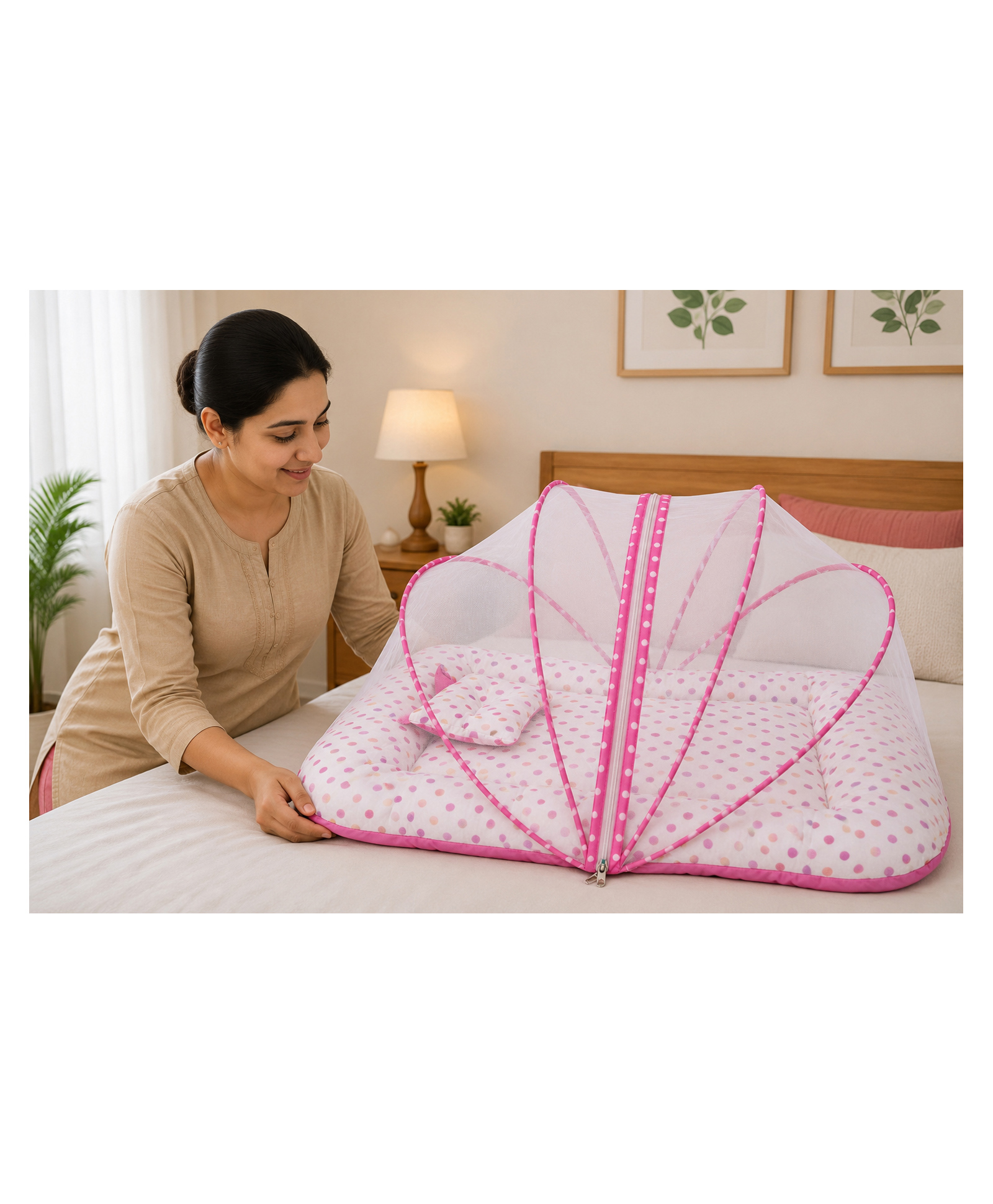 Babytoons Baby Cotton Mattress With Mosquito Net Bed 0-6 Months - Pink-image-2