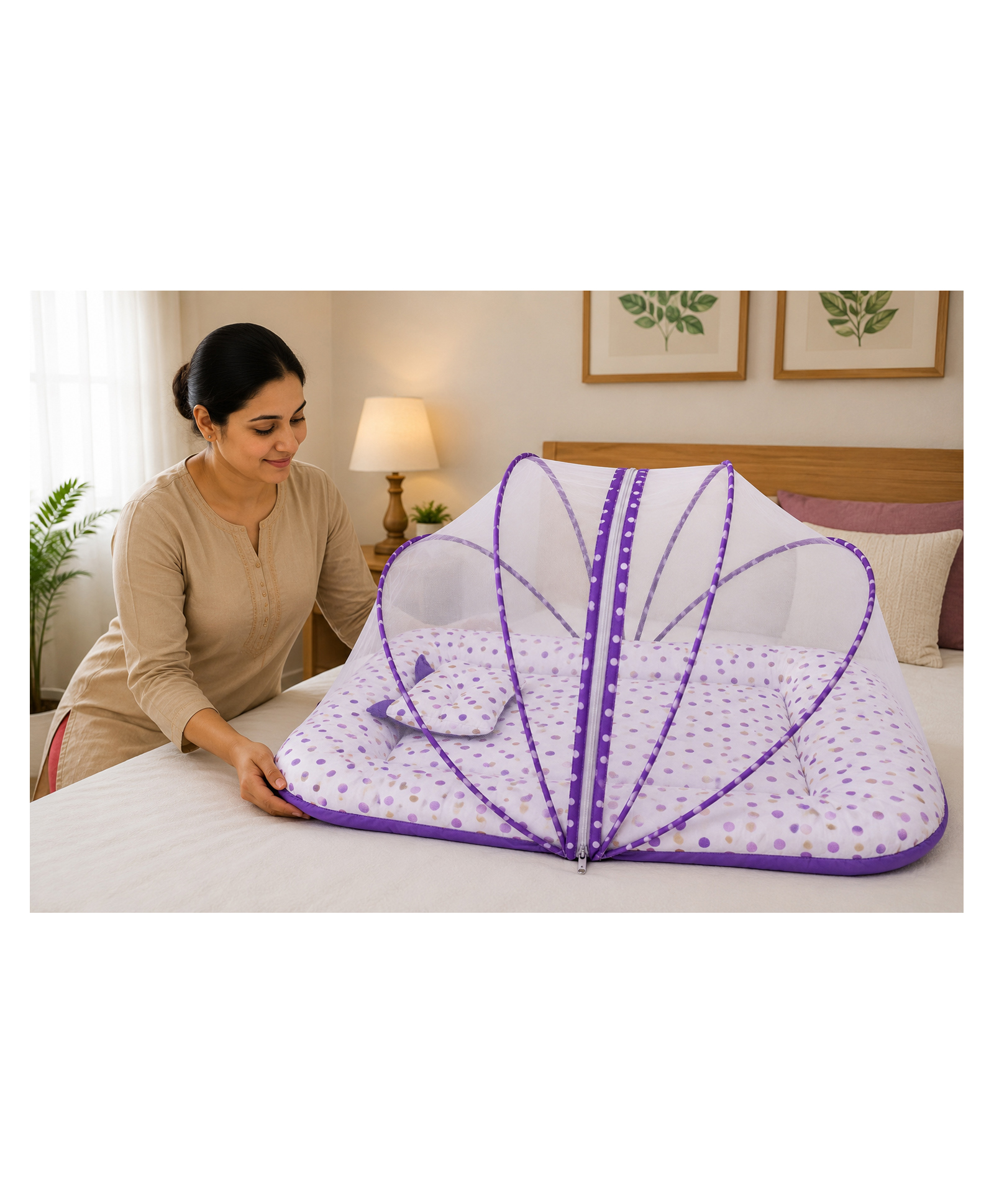 Babytoons Baby Cotton Mattress With Mosquito Net Bed 0-6 Months - Purple-picture-14