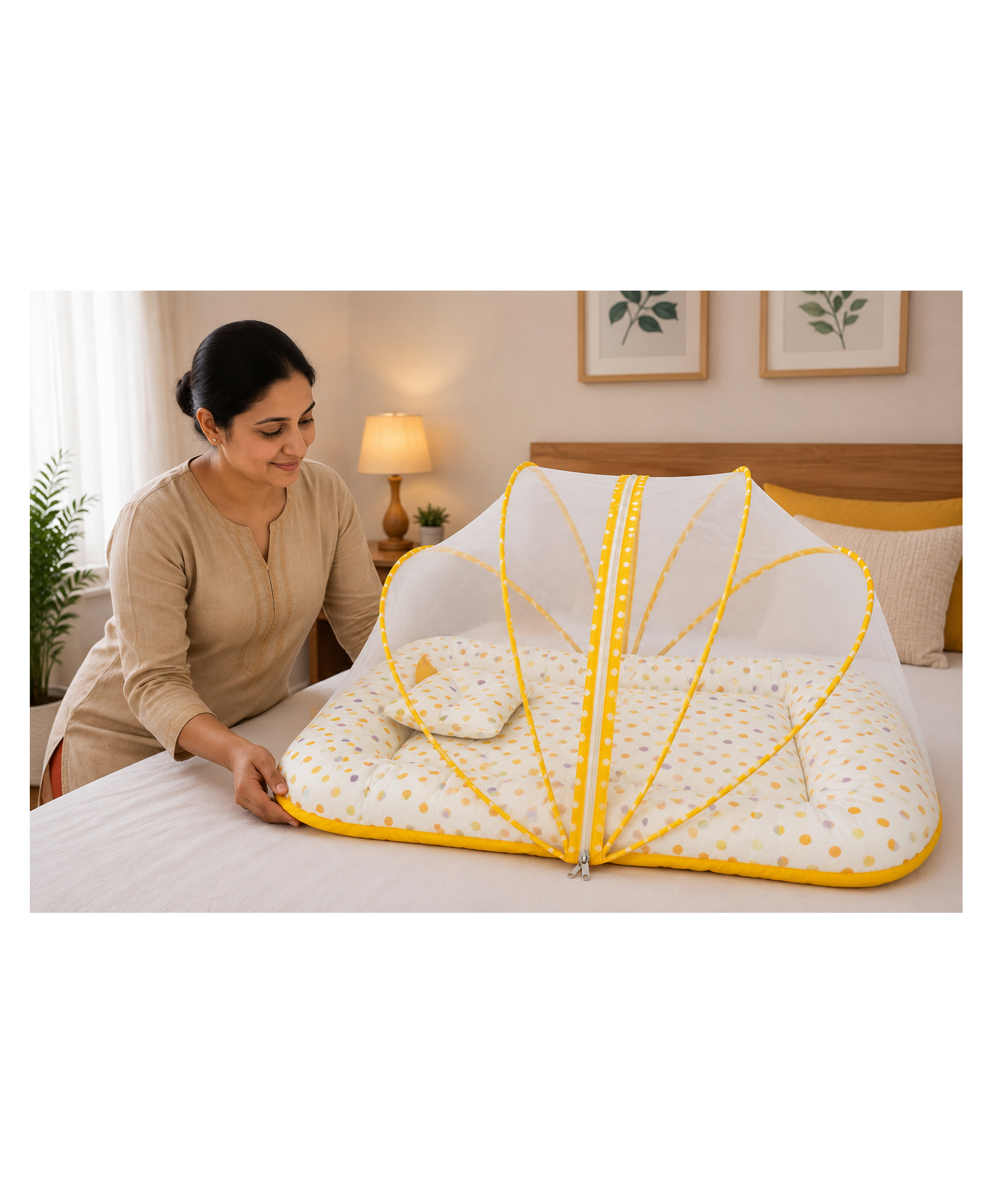 Babytoons Baby Cotton Mattress With Mosquito Net Bed 0-6 Months - Yellow-picture-49