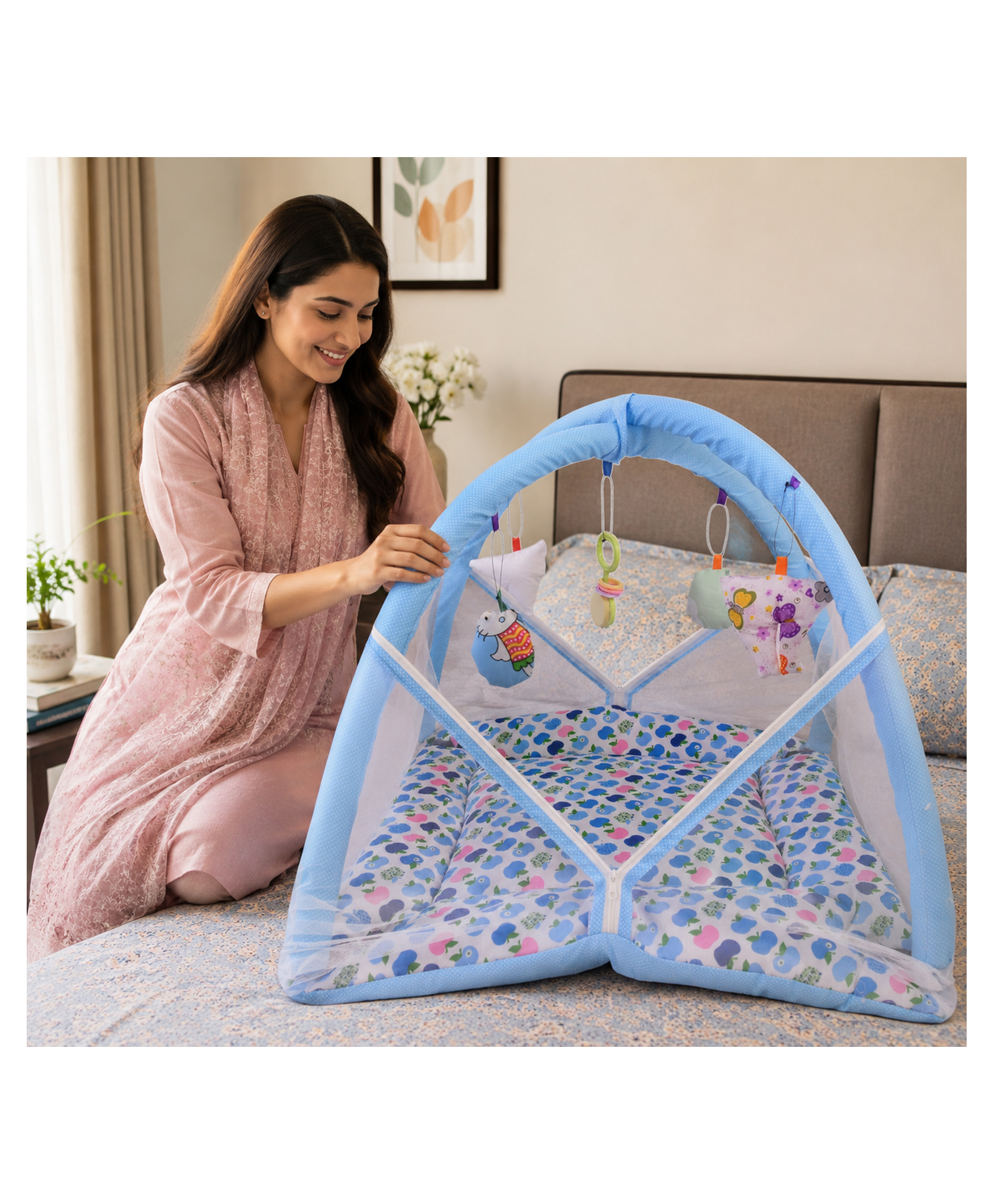 Babytoons Baby Play Gym with Mosquito Net and Hanging Toys 0-6 Months - Blue-picture-35