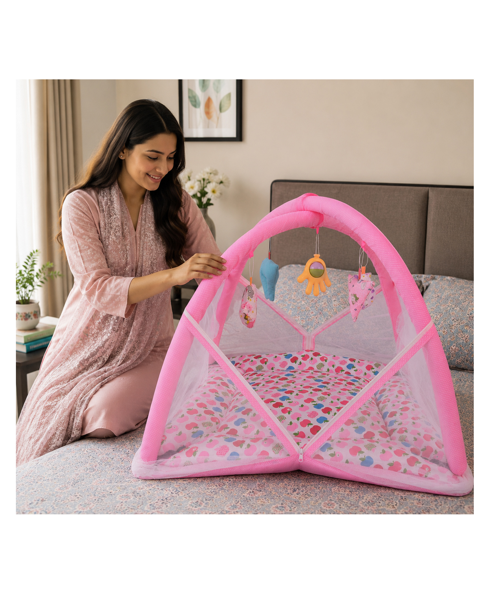 Babytoons Baby Play Gym with Mosquito Net and Hanging Toys 0-6 Months - Pink-picture-30