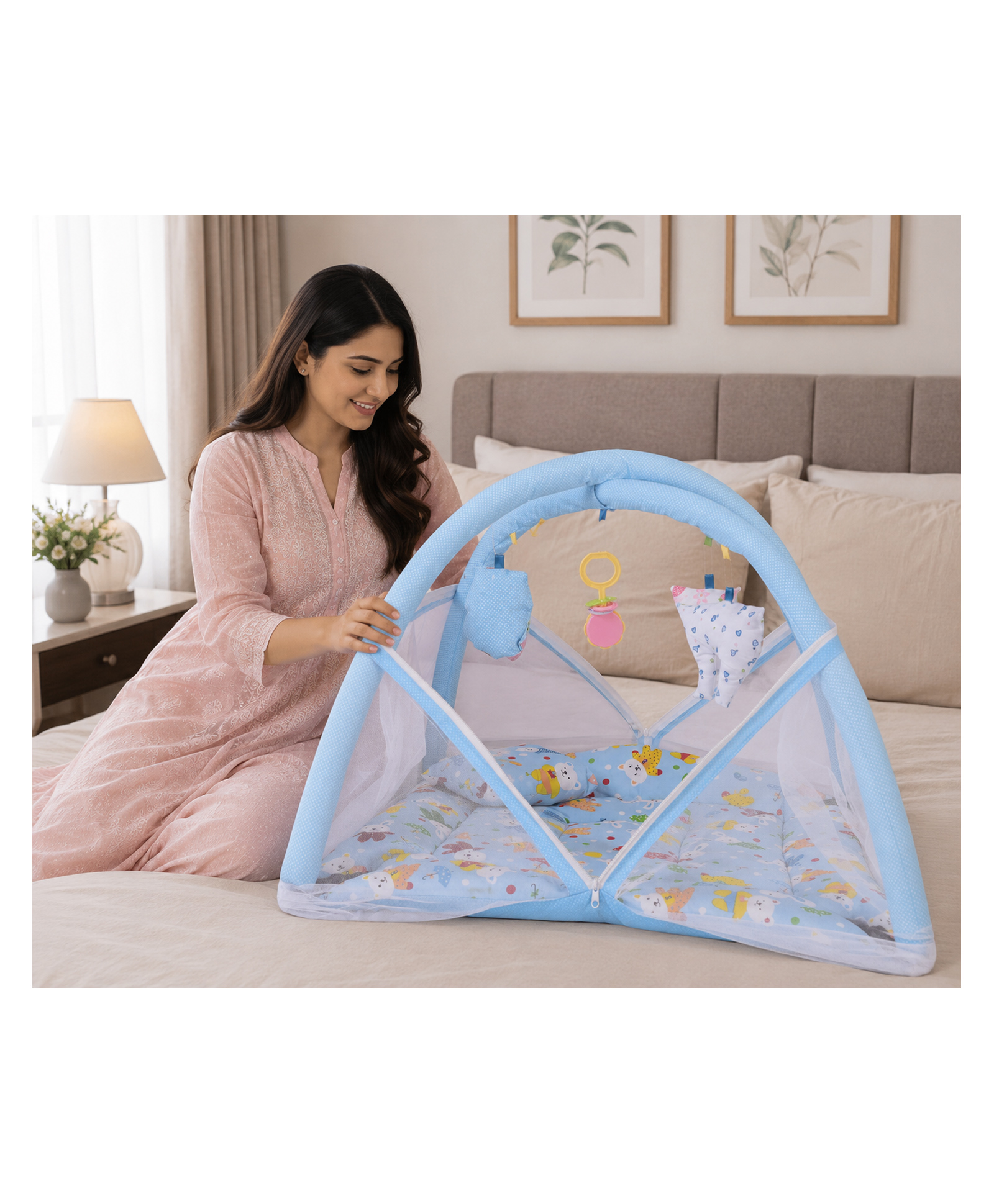 Babytoons Baby Play Gym with Mosquito Net and Hanging Toys 0-6 Months - Blue-picture-33