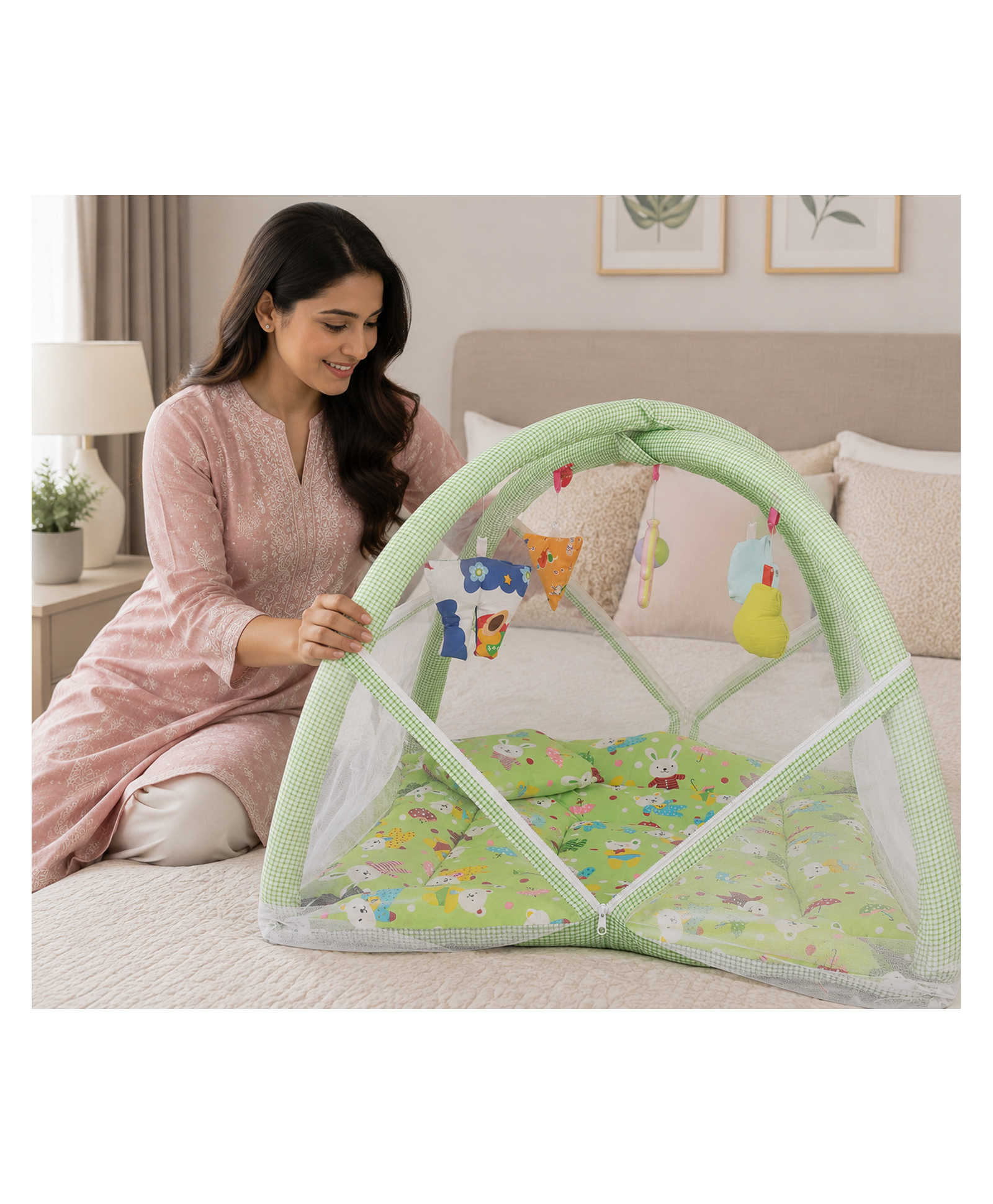 Babytoons Baby Play Gym with Mosquito Net and Hanging Toys 0-6 Months - Green-picture-39