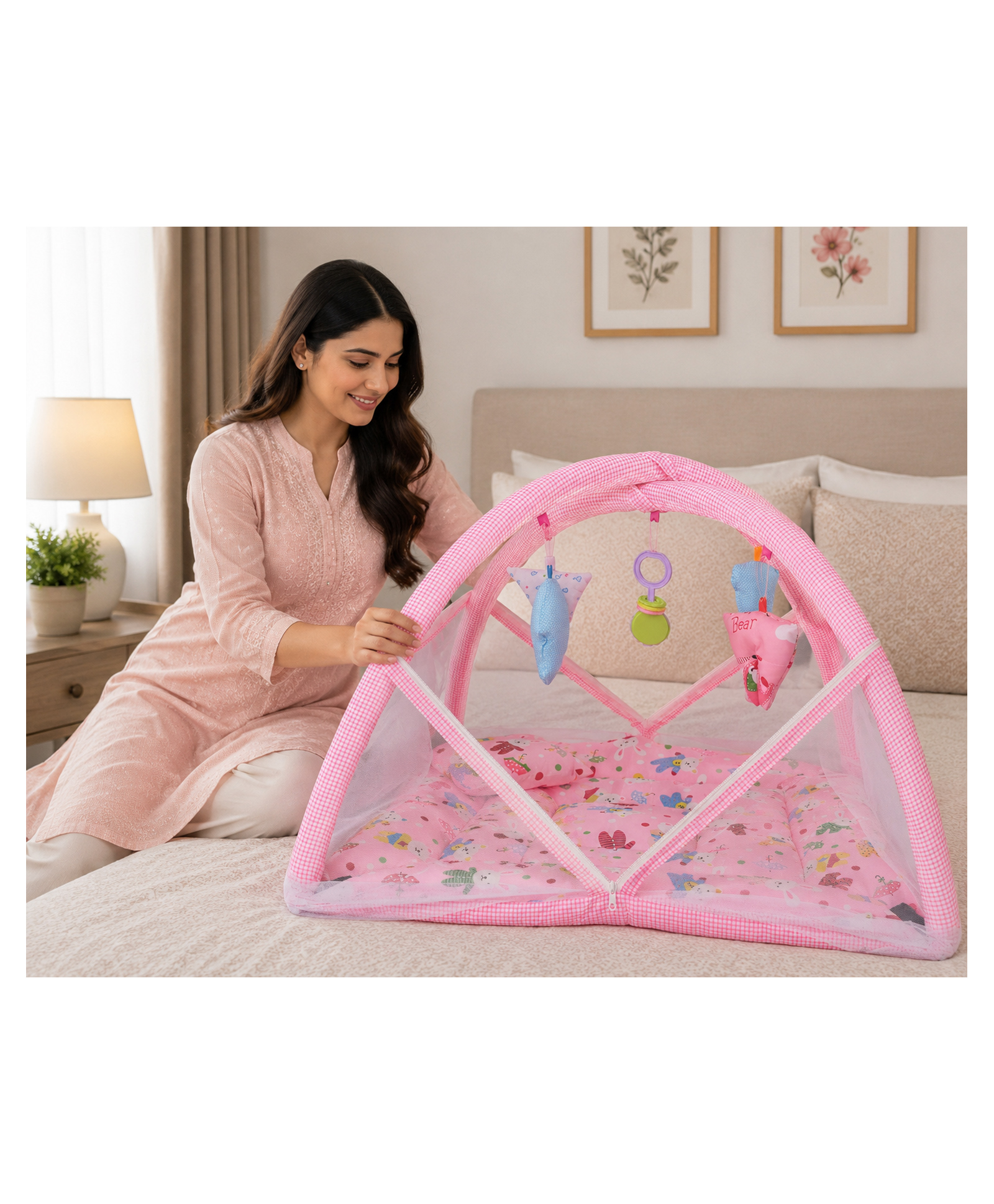 Babytoons Baby Play Gym with Mosquito Net and Hanging Toys 0-6 Months - Pink-picture-48