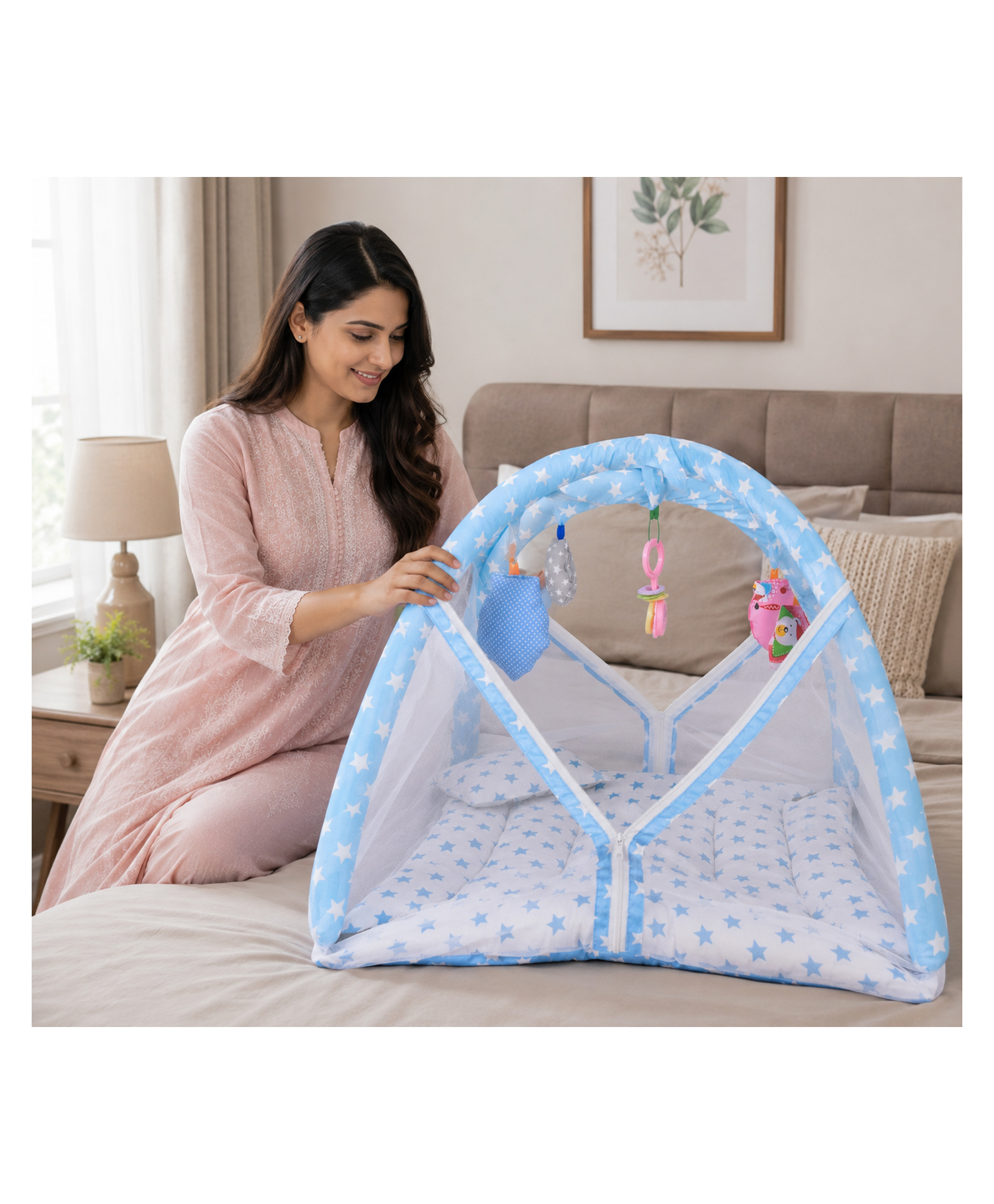 Babytoons New Born Baby Mattress With Net Play Gym Bed 0-6 Months - Blue-picture-44