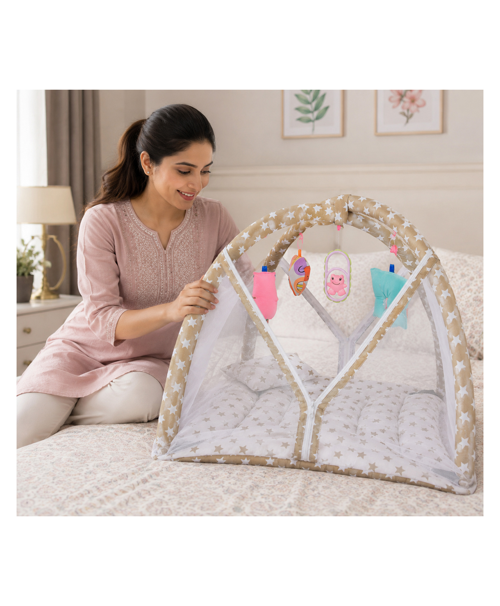 Babytoons New Born Baby Mattress With Net Play Gym Bed 0-6 Months - Light Brown-picture-46